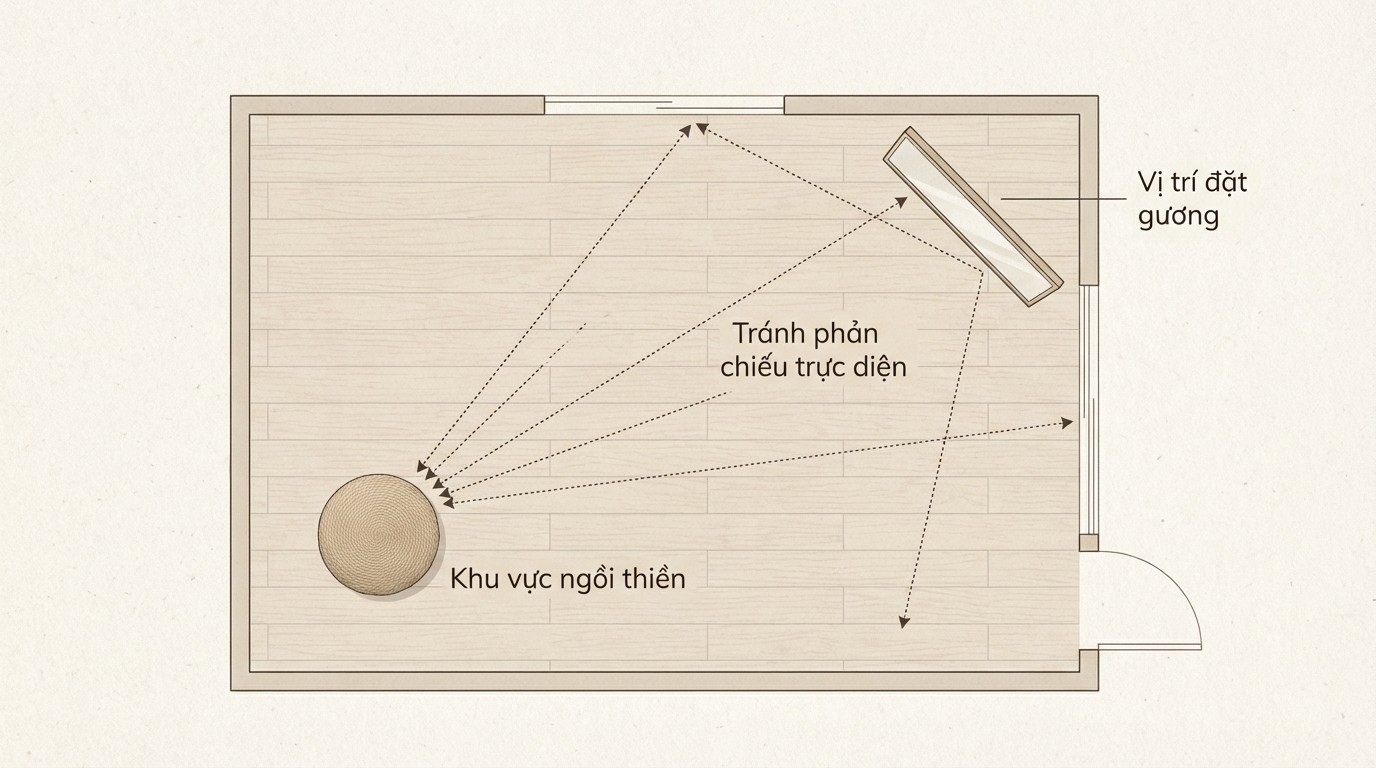 Sơ đồ vị trí đặt gương trong phòng thiền để tránh phản chiếu trực diện chỗ ngồi