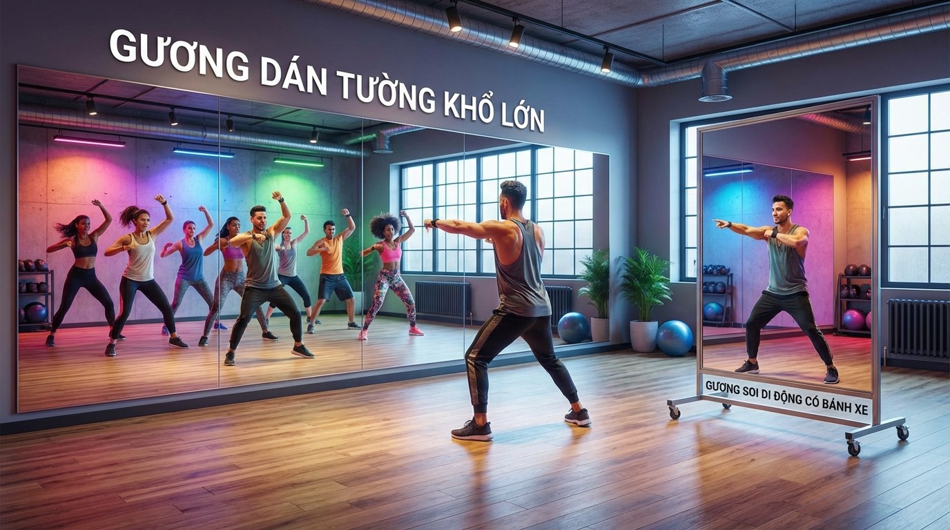 So sánh gương dán tường khổ lớn và gương soi di động có bánh xe trong phòng Zumba