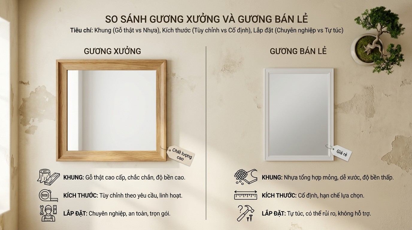 So sánh gương đặt xưởng trực tiếp và gương bán lẻ theo tiêu chí khung, kích thước và lắp đặt