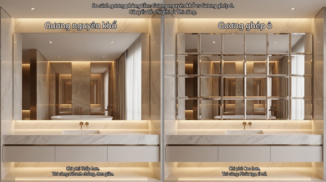 Gương Trang Trí Phòng Tắm 6 So sánh gương nguyên khổ và gương ghép ô trong phòng tắm theo chi phí và thi công