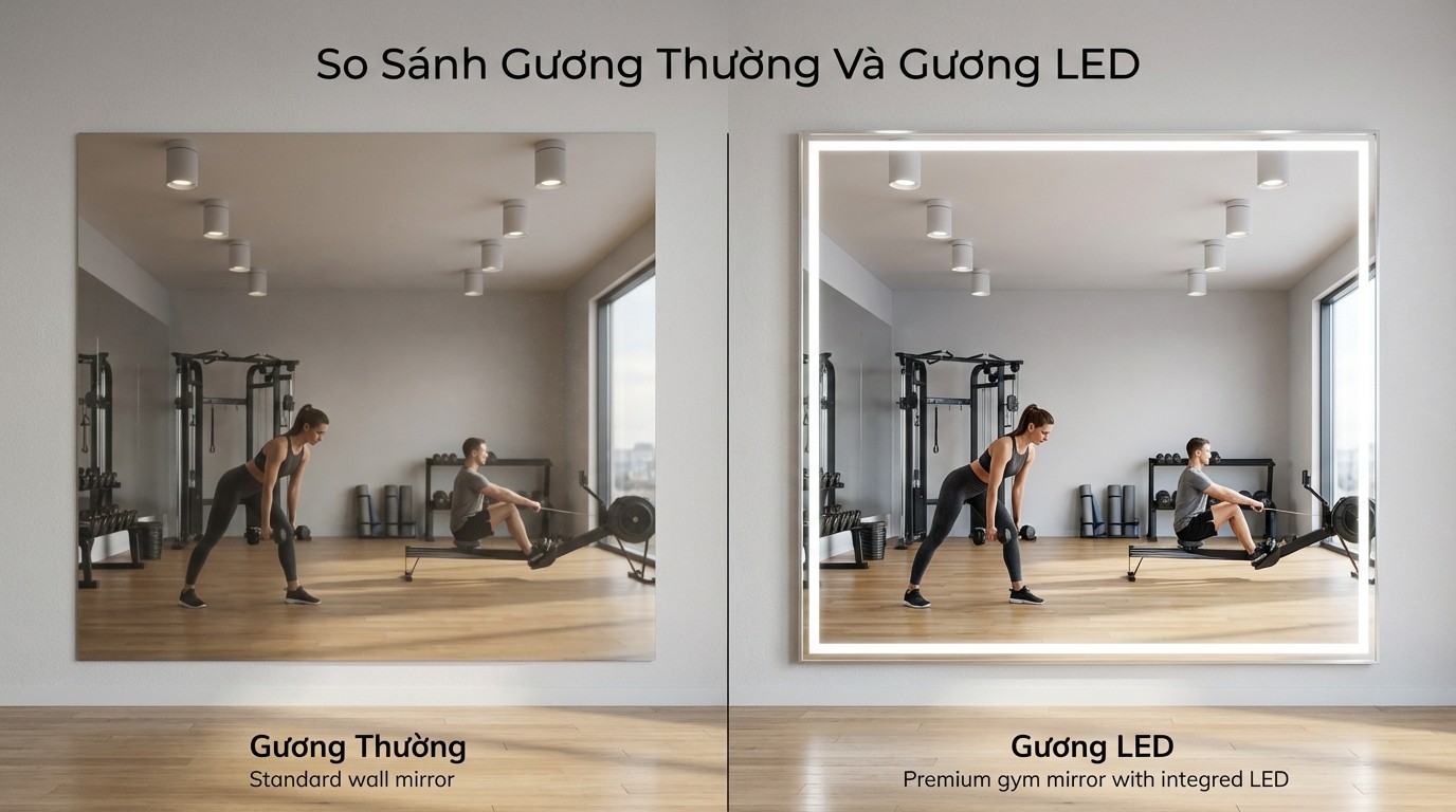 So sánh hiệu ứng thị giác giữa gương thường và gương phòng tập có đèn led