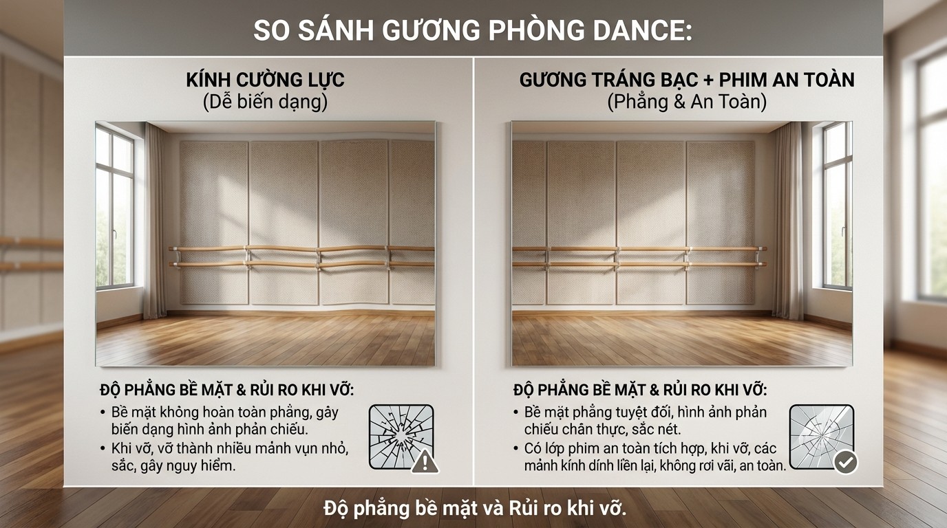 So sánh rủi ro vỡ và độ phẳng giữa kính cường lực và gương tráng bạc dán phim an toàn