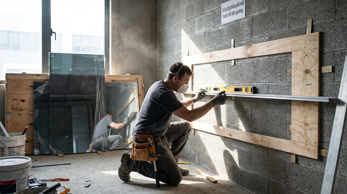 Thi công gương dán tường trên bề mặt cần xử lý độ phẳng