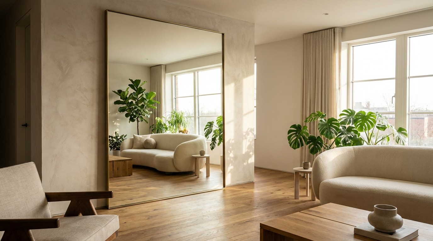 Vị trí đặt gương khổ lớn phòng khách đón ánh sáng và cân đối bố cục