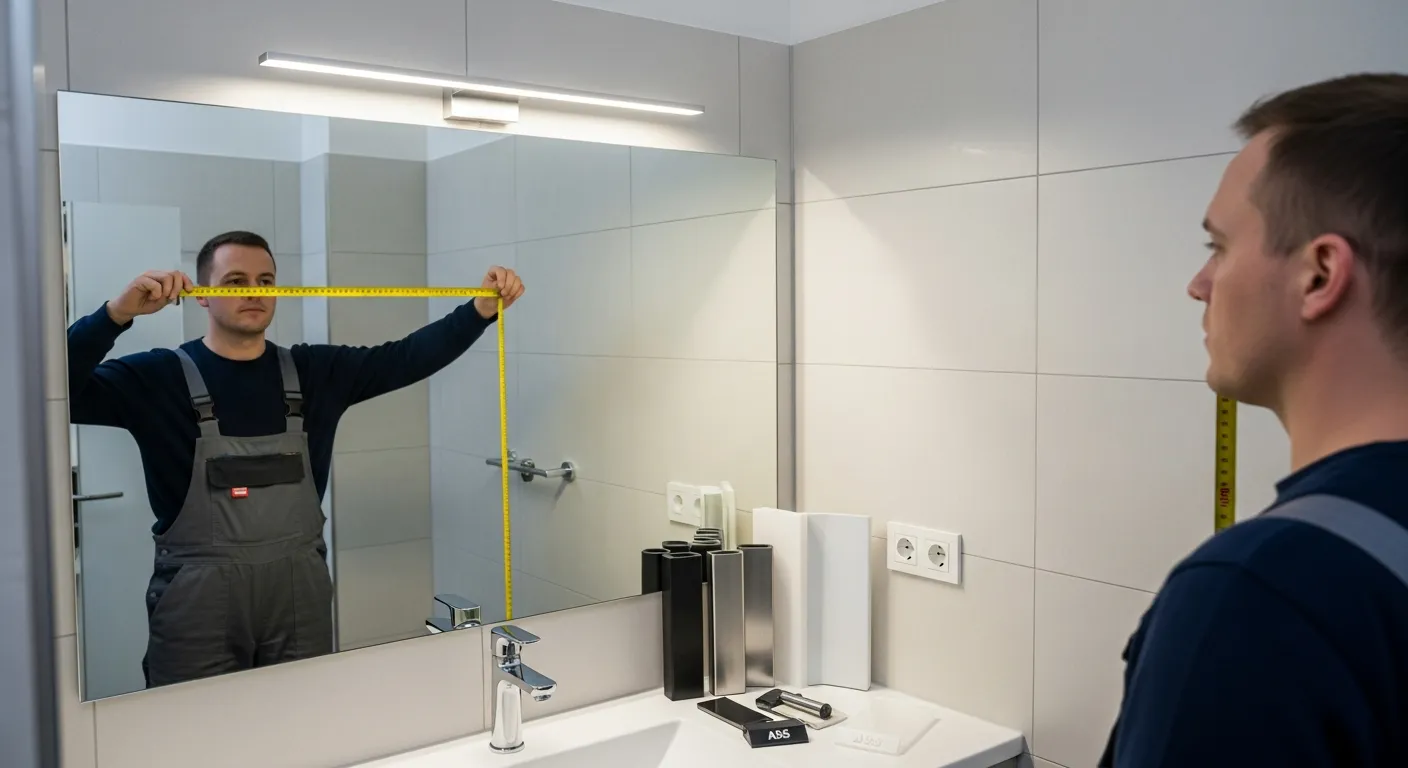 Gương Phòng Tắm, Nhà Vệ Sinh Có Đèn: Chọn Kiểu Chiếu Sáng Theo Khu Vực 3 Cận cảnh một khu vực gương phòng tắm với thanh đèn gương được lắp phía trên, kỹ thuật viên đang đo kích thước gương bằng thước cuộn, bên cạnh là các mẫu vật liệu nhôm, inox và nhựa ABS đặt trên mặt bàn, ánh sáng trắng trung tính chiếu đều lên khuôn mặt người đứng trước gương, bối cảnh thực tế của một công trình hoàn thiện