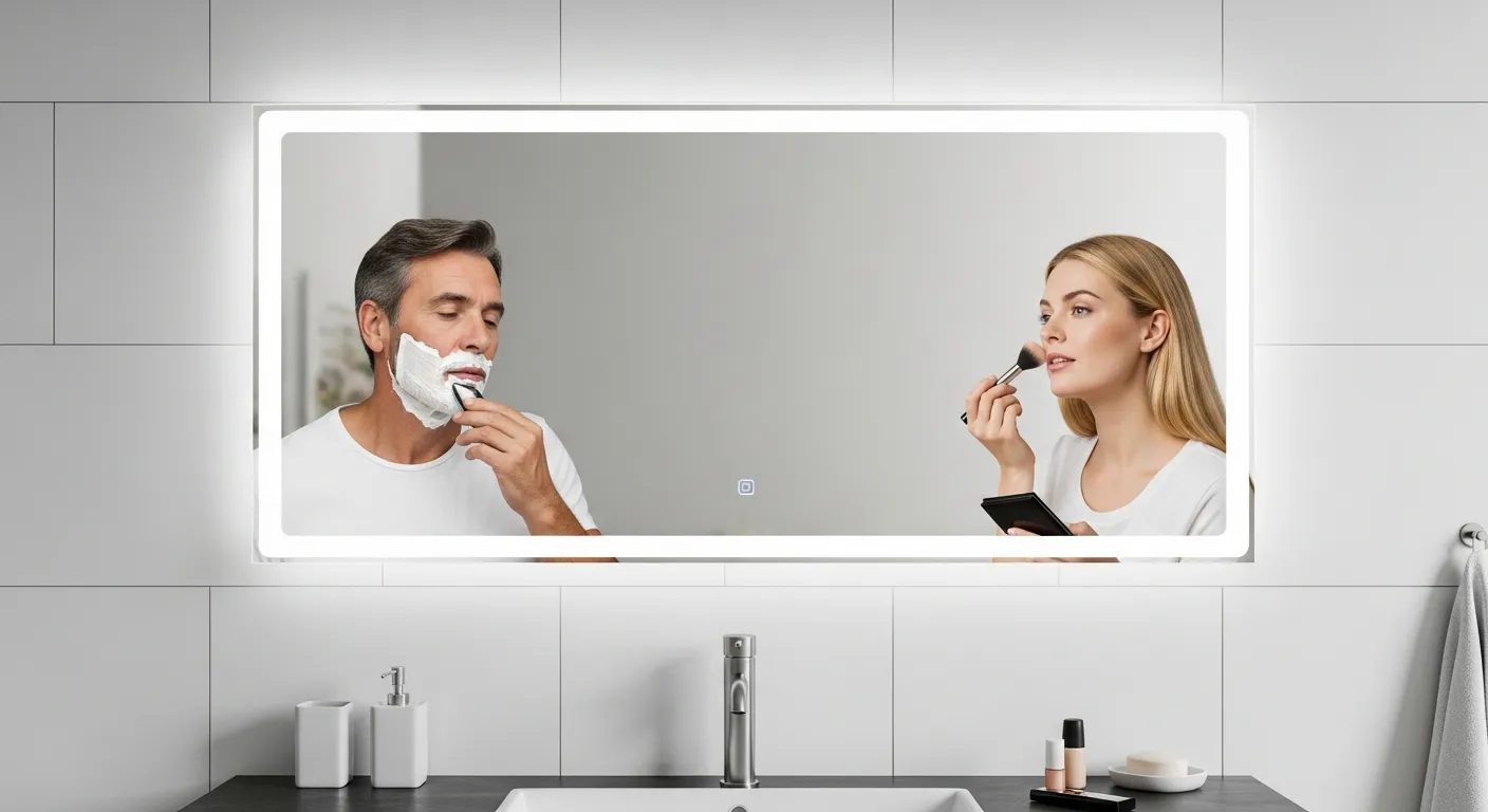 Gương Phòng Tắm, Nhà Vệ Sinh Có Đèn: Chọn Kiểu Chiếu Sáng Theo Khu Vực 1 Một phòng tắm hiện đại tông trắng xám, gương treo tường hình chữ nhật với đèn LED tích hợp phát ánh sáng dịu, một người đàn ông đang cạo râu ở bên trái với khuôn mặt được chiếu sáng đều không có bóng đổ, một người phụ nữ ở bên phải đang trang điểm với màu da và mỹ phẩm hiển thị chân thực, bề mặt lavabo sạch sẽ, vòi inox sáng, không gian sang trọng nhưng thực tế, ánh sáng phản chiếu nhẹ trên gạch men và gương