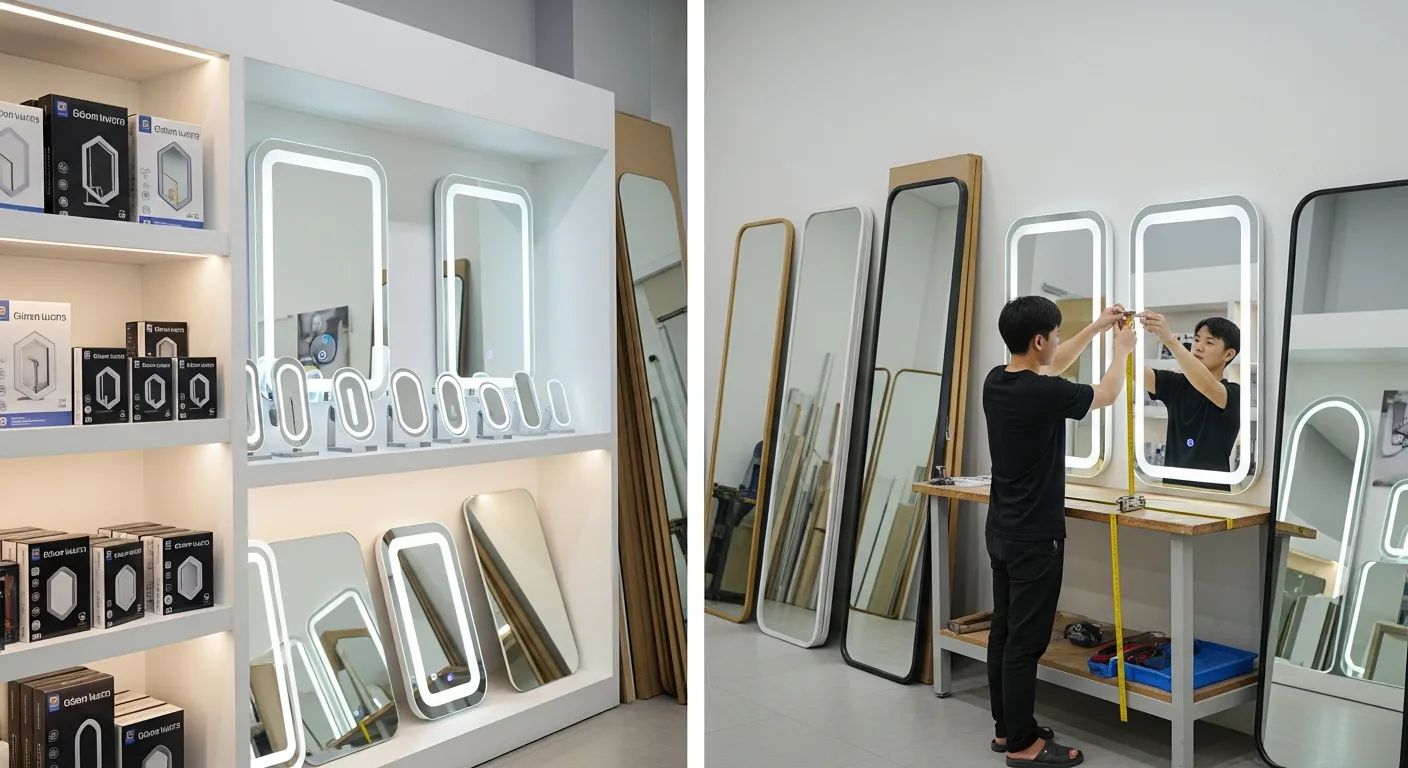 Gương Phòng Tắm, Nhà Vệ Sinh Có Đèn: Chọn Kiểu Chiếu Sáng Theo Khu Vực 5 Không gian trưng bày đèn gương phòng tắm với một bên là các mẫu thương hiệu đóng hộp sẵn đặt trên kệ, một bên là khu xưởng gia công gương có thợ đang kiểm tra khung đèn LED theo kích thước riêng, nhiều mẫu gương chữ nhật và bo góc dựng đứng, ánh sáng trung tính, cảm giác thực tế và đáng tin