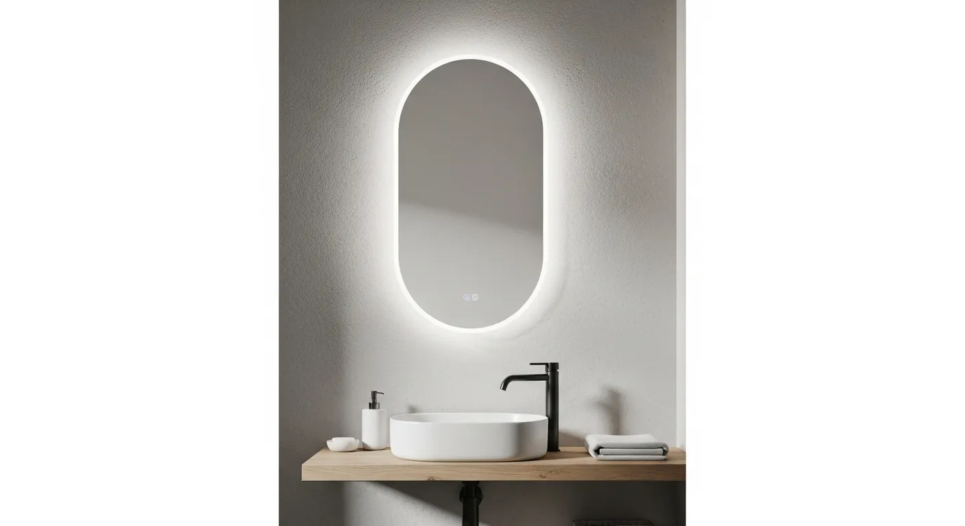 Phòng tắm và góc trang điểm phong cách tối giản hiện đại, một gương led hình oval không viền hắt sáng mềm trên tường bê tông sáng, lavabo trắng, vòi đen mờ, kệ gỗ tự nhiên ít đồ, tổng thể tinh gọn, ánh sáng dịu, vật liệu chân thực và cao cấp