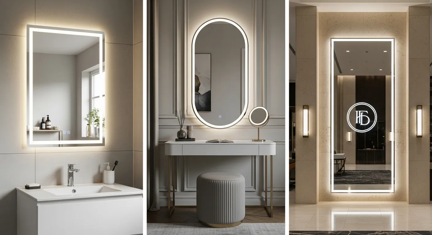 Ba bối cảnh thực tế đặt cạnh nhau một phòng tắm gia đình với gương LED chữ nhật vừa hốc tường, một bàn trang điểm với gương oval viền mỏng ánh sáng trung tính, và một sảnh khách sạn với gương cỡ lớn khắc logo phát sáng; phong cách nội thất hiện đại, ánh sáng rõ, vật liệu thật, góc chụp sạch và có chiều sâu