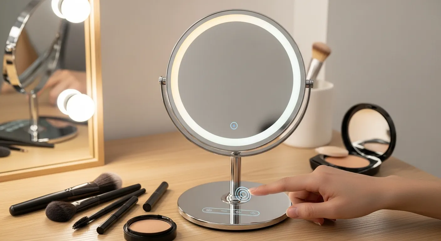 Cận cảnh một chiếc gương LED để bàn hiện đại trên mặt bàn gỗ sáng màu, bàn tay người dùng đang chạm vào nút cảm ứng ở chân đế, viền gương phát ba tông ánh sáng khác nhau theo từng chế độ, bên cạnh là cọ trang điểm, chì kẻ mắt và hộp phấn, khung cảnh rõ chi tiết, nhấn vào cảm giác sử dụng thực tế và kiểm soát ánh sáng