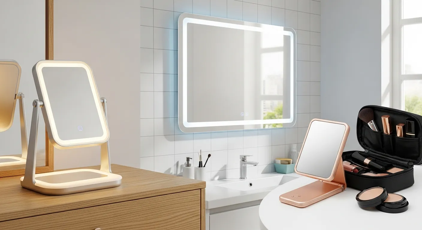 Bàn trang điểm hiện đại với ba loại gương LED đặt cạnh nhau để so sánh trực quan một gương LED để bàn chân đế chắc chắn, một gương LED treo tường trong góc phòng tắm sáng sạch, và một gương LED cầm tay gấp gọn đặt cạnh túi mỹ phẩm du lịch, bối cảnh đời thường, vật liệu và kích thước khác nhau thể hiện rõ công năng từng loại