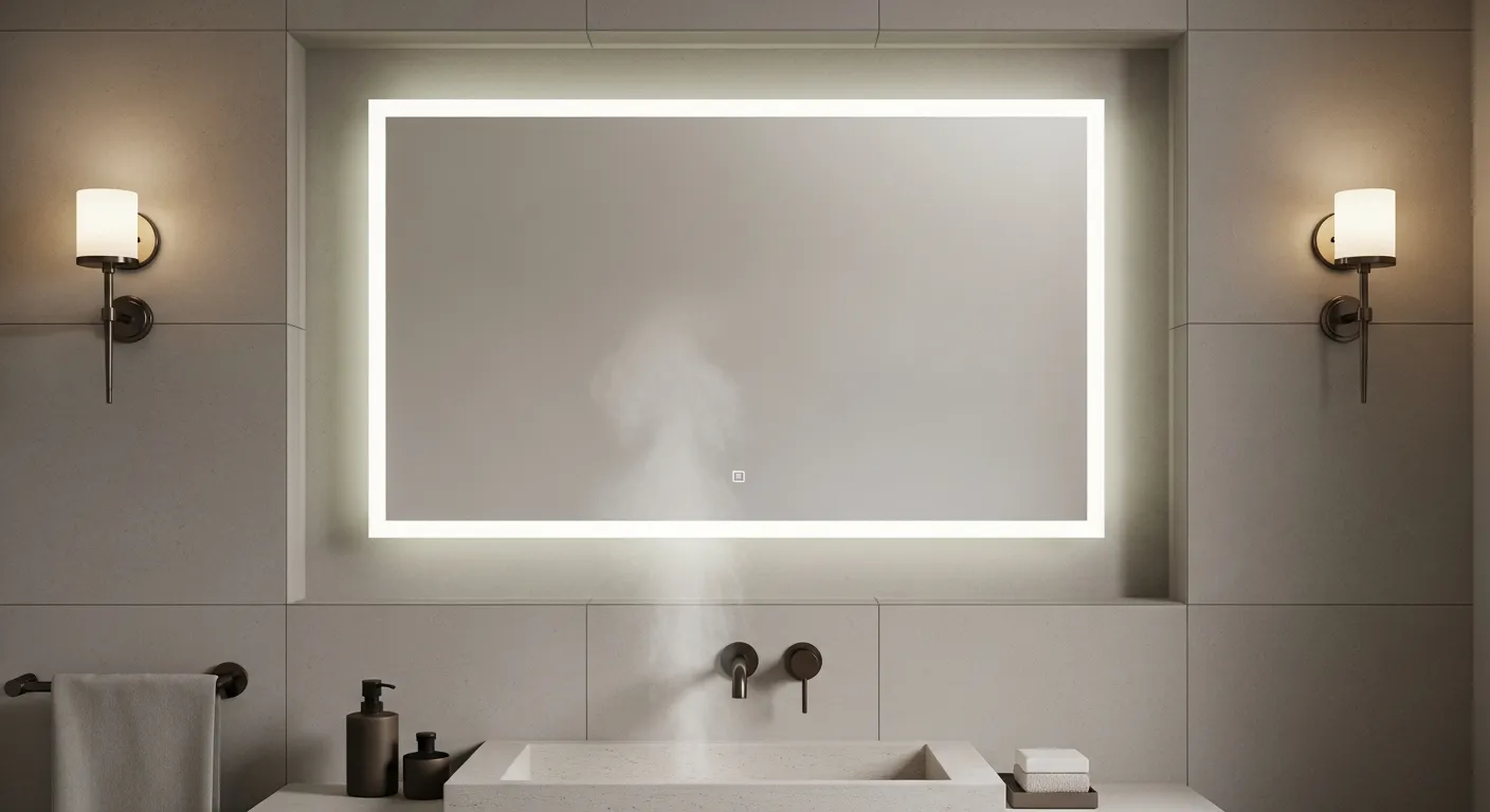 Một chiếc gương LED treo tường được đặt làm riêng cho phòng tắm hiện đại, kích thước vừa khít hốc tường, ánh sáng viền đều và dịu, bề mặt gương trong rõ, lavabo đá sáng màu phía dưới, tường ốp gạch trung tính, hơi nước nhẹ trong không gian để thể hiện tính ứng dụng thực tế, góc chụp chính diện rõ chi tiết viền gương và hệ đèn