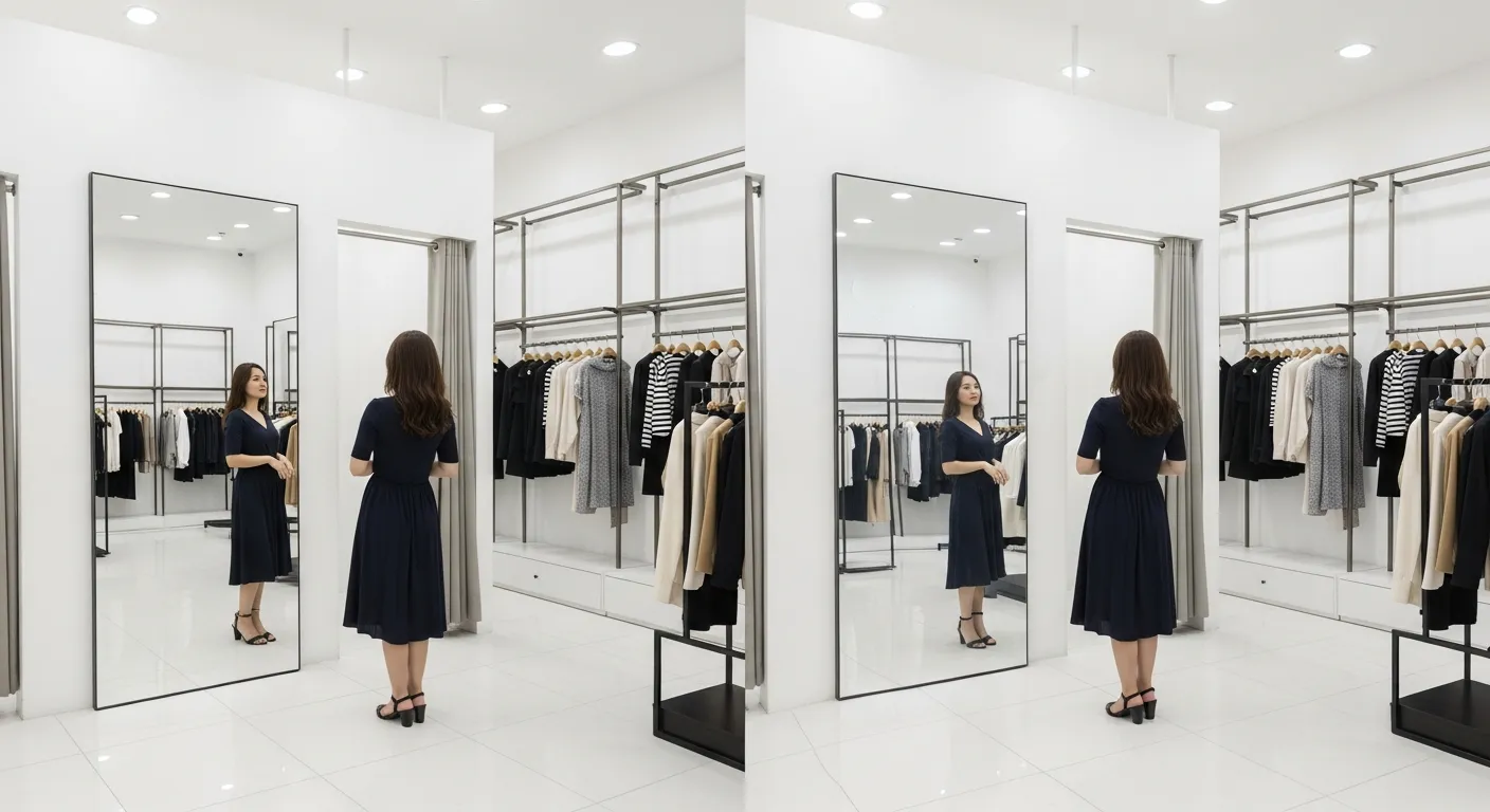 Gương Soi Toàn Thân Thủ Đức 1 Không gian một shop thời trang tại Thủ Đức với gương soi toàn thân khổ lớn đặt gần phòng thử đồ, khách nữ đang thử váy và soi dáng, ánh sáng trắng trung tính 4000K, sàn gạch sáng màu, giá treo quần áo gọn gàng, một gương phản chiếu rõ nét và một gương khác bị méo nhẹ để thể hiện sự khác biệt chất lượng, bối cảnh thực tế, phong cách bán lẻ hiện đại