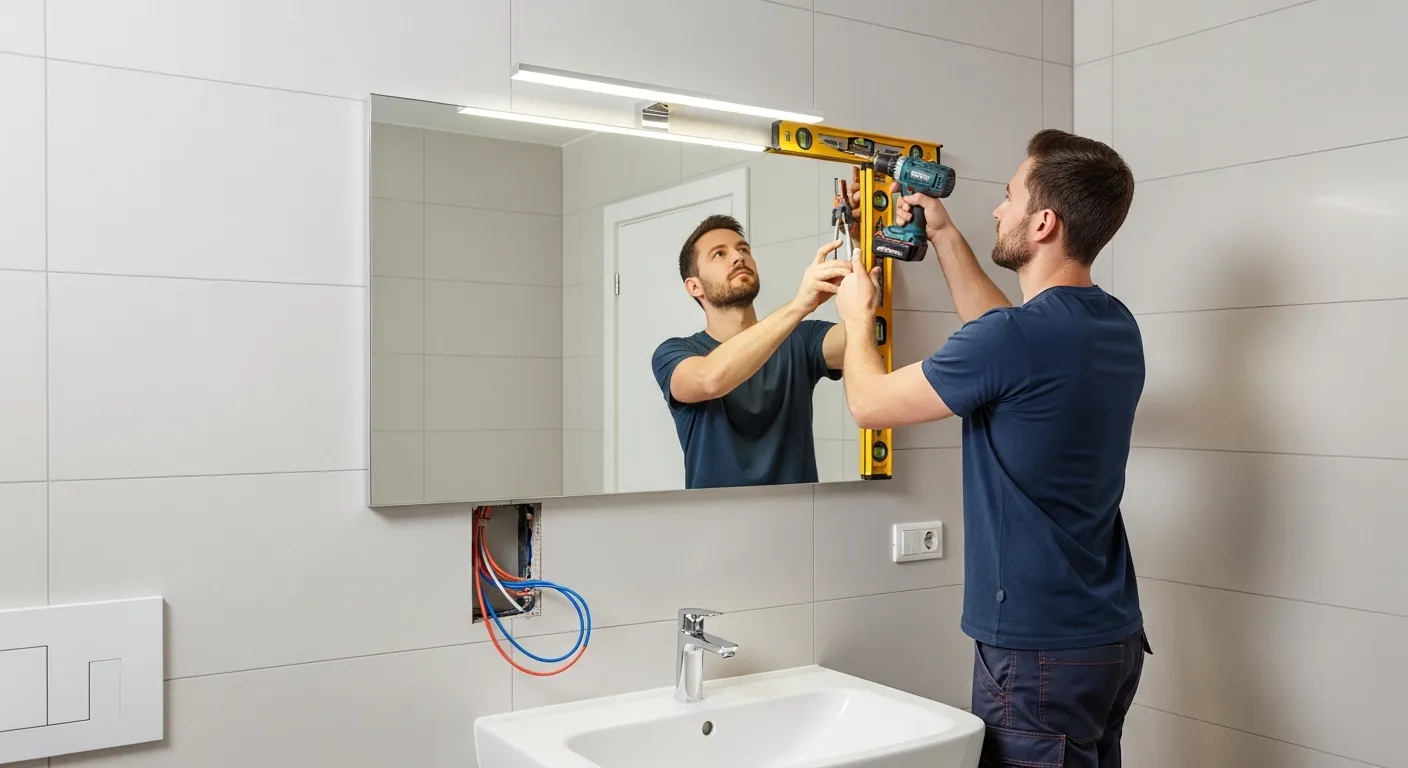 Gương Phòng Tắm, Nhà Vệ Sinh Có Đèn: Chọn Kiểu Chiếu Sáng Theo Khu Vực 4 Một thợ điện đang lắp đèn gương nhà tắm phía trên gương chữ nhật trong phòng tắm đã ốp gạch sáng màu, tay cầm máy khoan và thước cân bằng, dây điện được đi gọn trong tường, lavabo trắng bên dưới, ánh sáng công trình rõ ràng, bố cục thể hiện quy trình lắp đặt an toàn và chính xác