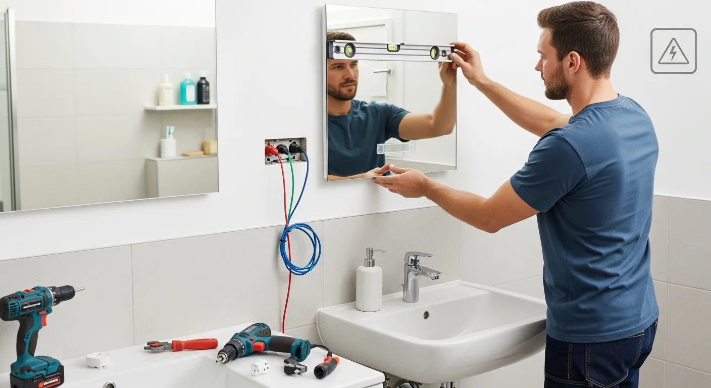Gương Cảm Ứng Là Gì? Đặt Gương Cảm Ứng Trực Tiếp Tại Xưởng 5 Một người thợ đang lắp gương cảm ứng trong phòng tắm, tay cầm thước nivo để cân chỉnh vị trí trên tường, mũi khoan và tắc kê đặt trên sàn, dây điện chờ đi ra từ tường phía sau gương, có biểu tượng cảnh báo an toàn điện nhỏ ở góc khung hình, không gian sạch gọn với lavabo và gạch ốp sáng màu