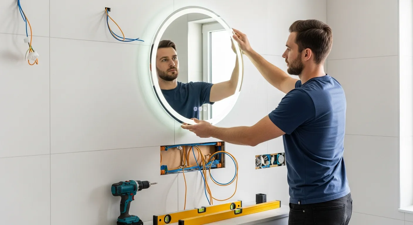 Thợ kỹ thuật đang lắp đặt gương đèn led cảm ứng trên tường phòng tắm, tay giữ gương hình tròn có đèn LED viền sáng nhẹ, dây điện chờ đi âm tường, dụng cụ khoan và thước thủy đặt gọn bên dưới, bối cảnh thi công sạch sẽ, tường ốp gạch sáng màu, cảm giác chuyên nghiệp và thực tế