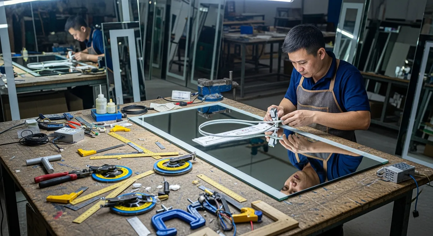 Gương Cảm Ứng Là Gì? Đặt Gương Cảm Ứng Trực Tiếp Tại Xưởng 6 Không gian xưởng sản xuất gương với một người thợ đang kiểm tra dải đèn LED phía sau chiếc gương cảm ứng khổ lớn đặt trên bàn thao tác, xung quanh là dụng cụ cắt kính, thước đo, khung bảo vệ và nhiều tấm gương đang chờ hoàn thiện, ánh sáng xưởng rõ ràng tạo cảm giác làm việc thủ công cẩn thận và thực tế