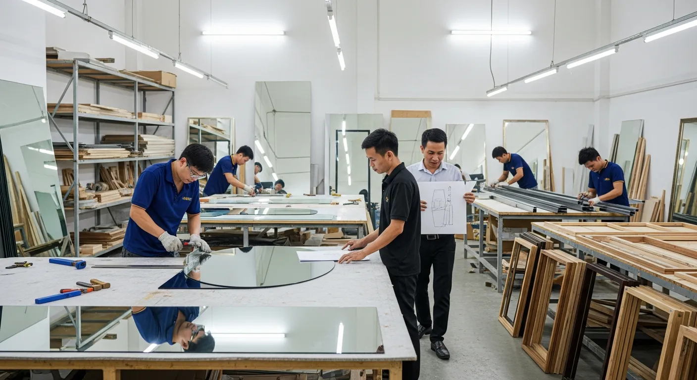 Gương Soi Toàn Thân Thủ Đức 4 Bên trong xưởng sản xuất gương của Công ty Gương Soi Kính Đại Dương, thợ đang cắt gương theo kích thước lẻ, khu vực gia công khung kim loại và khung gỗ riêng biệt, một khách hàng nhỏ đang trao đổi bản vẽ kích thước với nhân viên, không gian sạch sẽ, ánh sáng công nghiệp rõ nét, thể hiện quy trình làm việc trực tiếp tại xưởng