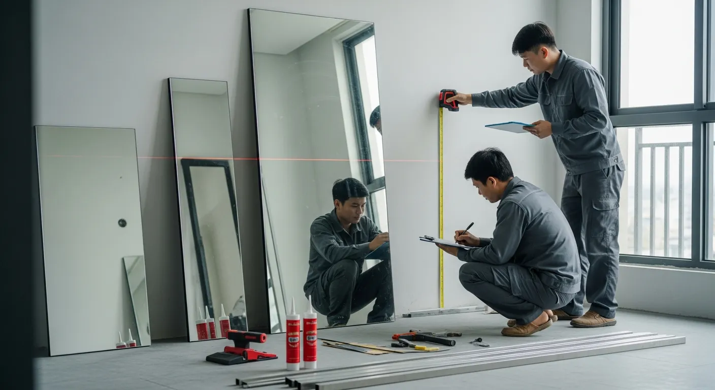 Hai thợ kỹ thuật đang đo đạc một mảng tường trong căn hộ hiện đại để chuẩn bị lắp gương lớn, một người cầm thước laser đỏ chiếu ngang tường, người còn lại ghi kích thước lên bảng, xung quanh có tấm gương dựng đứng, dụng cụ mài cạnh, keo dán gương và nẹp inox đặt gọn trên sàn, ánh sáng tự nhiên rõ nét, bối cảnh thi công thực tế tại Việt Nam