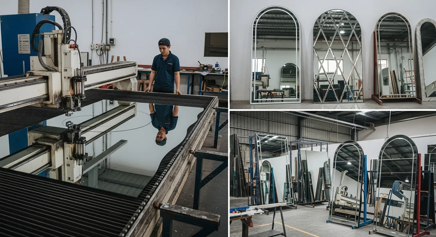 Cắt Gương Soi Theo Yêu Cầu Tại TP.HCM – Gia Công Trực Tiếp Tại Xưởng 3 Cảnh trong xưởng gia công gương tại TP.HCM với máy CNC đang cắt một tấm gương hình lượn sóng lớn, thợ đứng theo dõi, phía sau là các mẫu gương vòm, gương ghép quả trám và gương trang trí hoàn thiện dựa trên bản vẽ thiết kế, không gian làm việc thật, có xe đẩy và giá đỡ kính