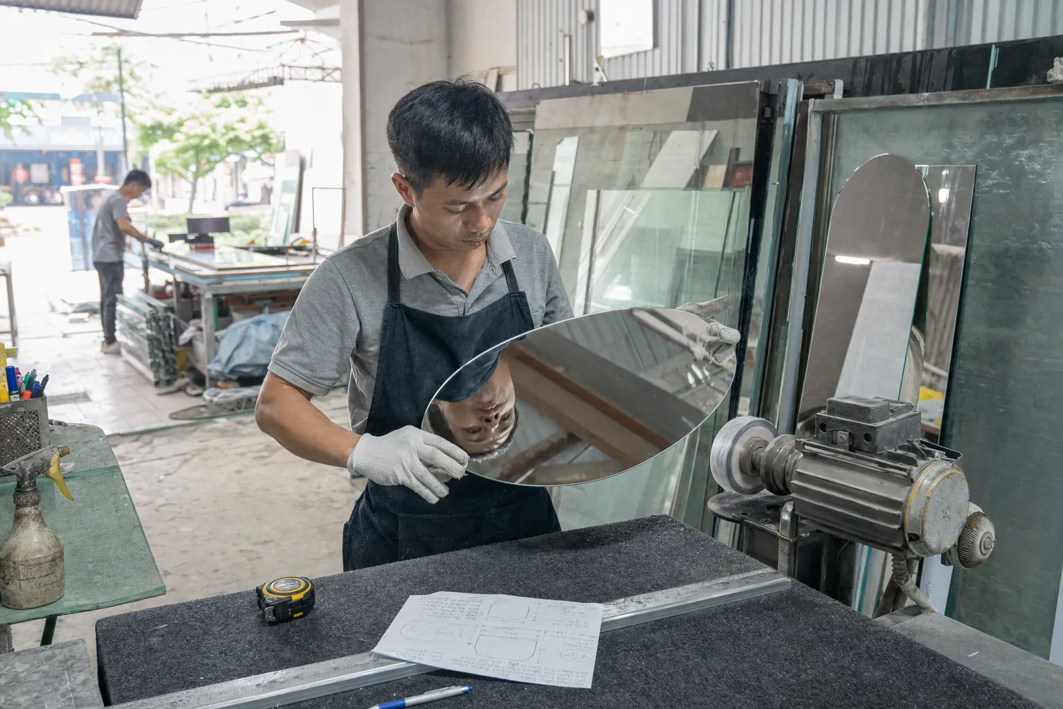 Cắt Gương Soi Theo Yêu Cầu Tại TP.HCM – Gia Công Trực Tiếp Tại Xưởng 1 Ảnh thực tế tại xưởng gia công gương ở TP.HCM, thợ đang kiểm tra một tấm gương soi vừa cắt theo kích thước, bên cạnh là bàn đo, thước cuộn, máy mài cạnh và bản vẽ tay của khách hàng đặt trên bàn, không gian xưởng sáng, có bụi mài nhẹ và các tấm gương dựng theo giá đỡ