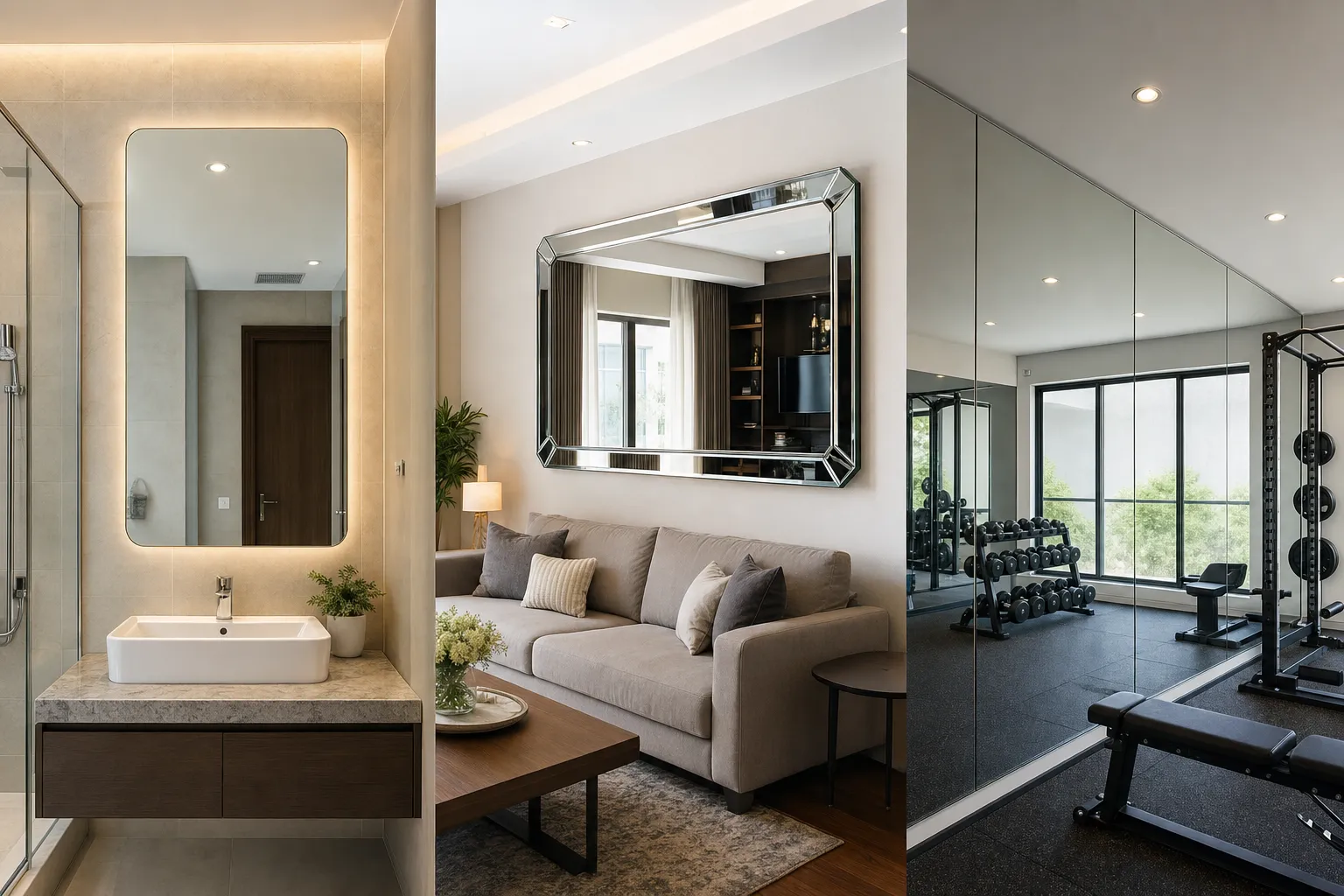 Cắt Gương Soi Theo Yêu Cầu Tại TP.HCM – Gia Công Trực Tiếp Tại Xưởng 2 Bố cục thực tế gồm ba không gian đặt cạnh nhau một phòng tắm căn hộ với gương lavabo chống ố mép, một phòng khách có gương trang trí mài vát treo tường, và một phòng gym với mảng gương lớn dán film an toàn, ánh sáng trong nhà rõ ràng, vật liệu và độ dày gương thể hiện khác nhau