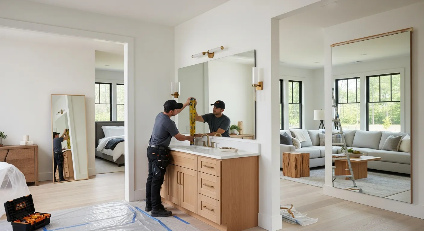 Không gian nhà ở hiện đại với nhiều loại gương đang được ứng dụng thực tế, một gương lavabo trong phòng tắm, một gương soi toàn thân ở phòng ngủ, một mảng gương dán tường tại phòng khách, người thợ đang căn chỉnh gương bằng thước nivo, ánh sáng tự nhiên dịu, vật liệu nội thất gỗ sáng màu, bối cảnh chân thực của công trình cải tạo nhà