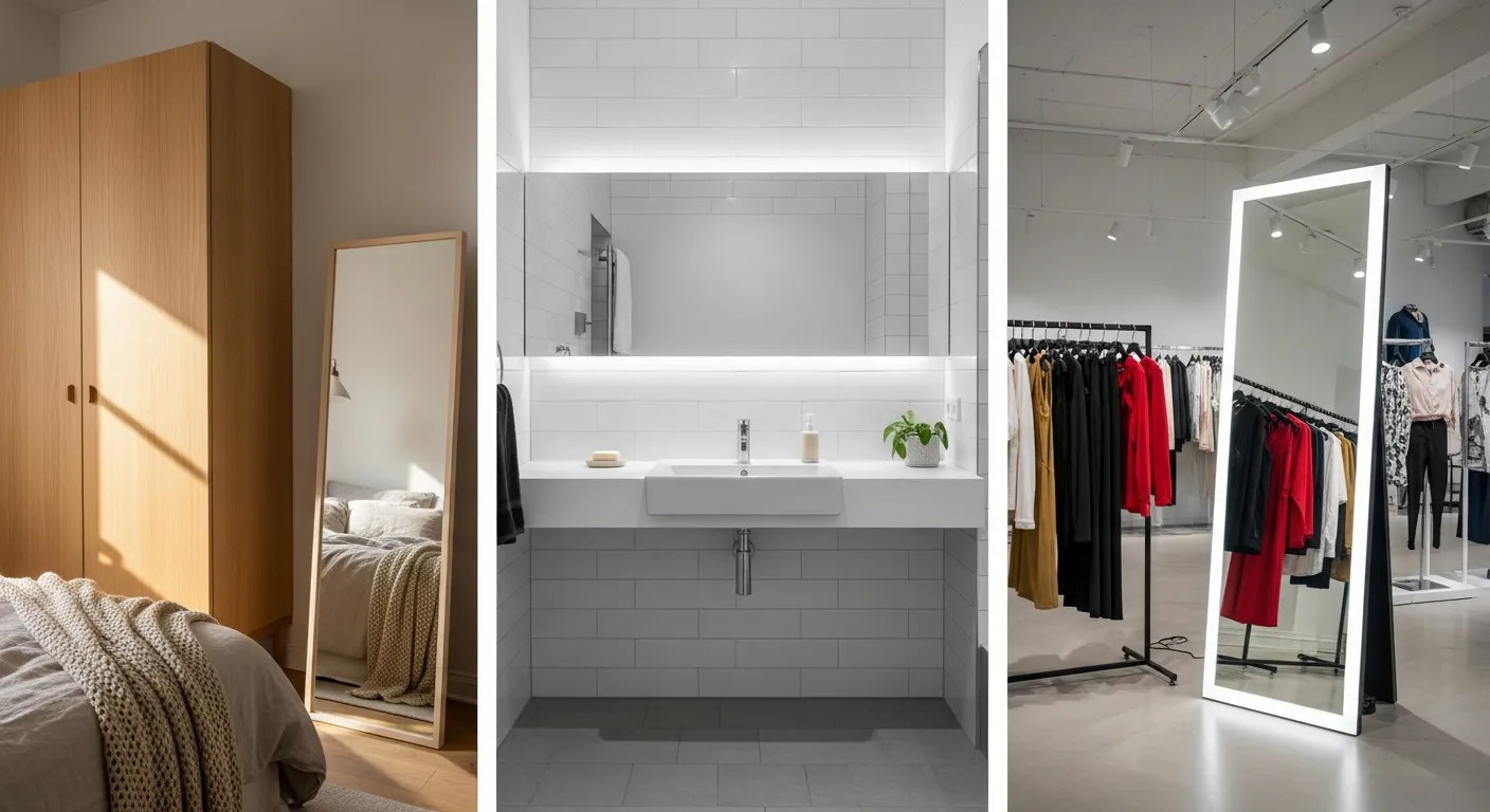 Bố cục gồm ba không gian thực tế cạnh nhau phòng ngủ nhỏ với gương đứng 40x160cm cạnh tủ áo, phòng tắm hẹp với gương chữ nhật ngang trên lavabo, và cửa hàng quần áo với gương LED toàn thân 90x200cm, mỗi không gian có ánh sáng và nội thất riêng, thể hiện rõ cách chọn kích thước gương theo mục đích sử dụng