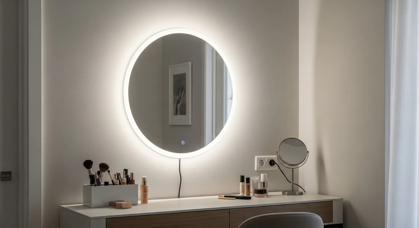 Bàn trang điểm hiện đại trong phòng ngủ, gương tròn gắn đèn LED tích hợp phát sáng đều quanh viền, ánh sáng màu trung tính khoảng 4000K, mặt bàn có mỹ phẩm gọn gàng, tường sáng màu, không gian sạch và thực tế, chi tiết dây điện được giấu kín