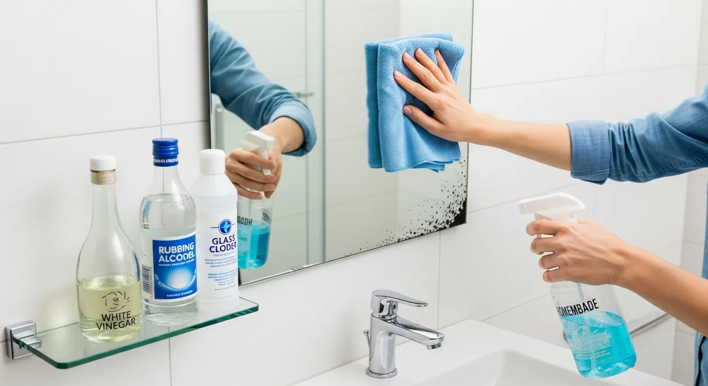 Người đang vệ sinh Gương Bị Đốm Đen trong nhà tắm bằng khăn mềm sạch và bình xịt dung dịch tự pha, cạnh đó là chai giấm trắng, chai cồn và nước lau kính đặt trên kệ, một góc gương có đốm đen ở viền để phần không thể lau hết, không gian gọn gàng, ánh sáng trắng rõ chi tiết