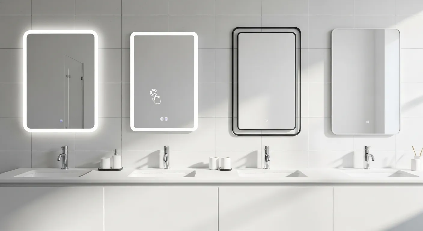 Chọn Gương Lavabo Đẹp Và An Toàn Cho Phòng Tắm 1 Không gian phòng tắm hiện đại với bốn mẫu gương lavabo đặt cạnh nhau để so sánh, gồm gương có đèn LED viền sáng dịu, gương cảm ứng với biểu tượng chạm nhẹ, gương khung kim loại mảnh màu bạc và đen, cùng gương không khung tối giản treo trên tường gạch sáng màu, lavabo sứ trắng, vòi nước crom, ánh sáng tự nhiên rõ nét