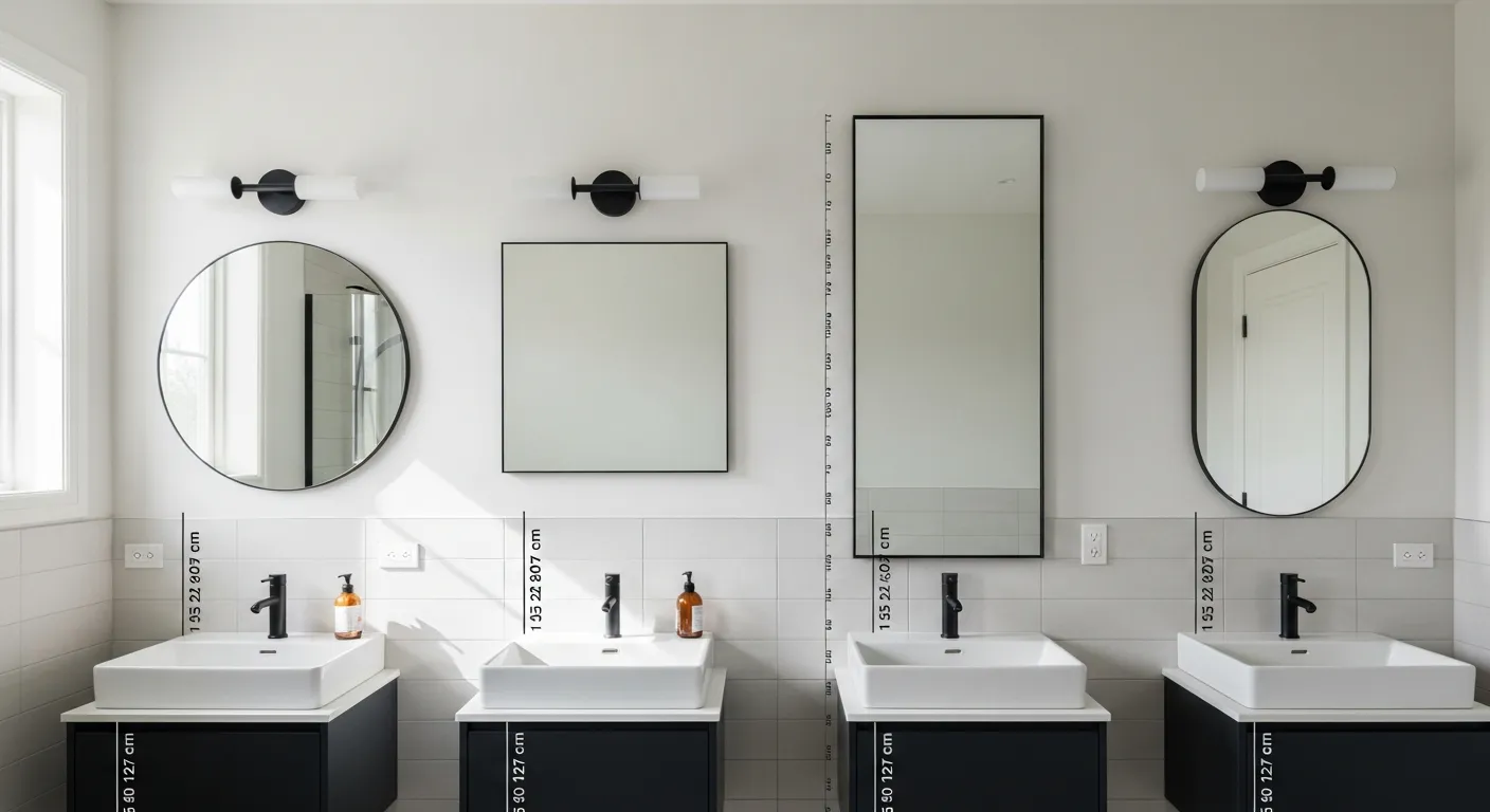 Chọn Gương Lavabo Đẹp Và An Toàn Cho Phòng Tắm 4 Phòng tắm gia đình với bốn kiểu gương treo trên các lavabo khác nhau, gồm Gương tròn, Gương vuông, Gương chữ nhật đứng và Gương oval, có thước đo khoảng cách từ mặt lavabo đến mép gương, tường gạch sáng màu, nội thất tối giản, ánh sáng tự nhiên mềm