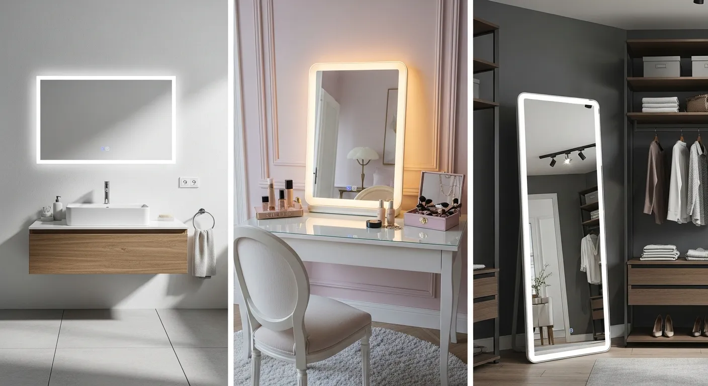Ba loại gương LED cảm ứng đặt trong ba không gian khác nhau gương phòng tắm treo trên lavabo, gương trang điểm đặt bàn với ghế và mỹ phẩm, gương toàn thân đặt trong phòng thay đồ, ánh sáng khác nhau theo từng mục đích sử dụng, bố cục so sánh trực quan, phong cách nội thất hiện đại, ảnh thực tế chi tiết