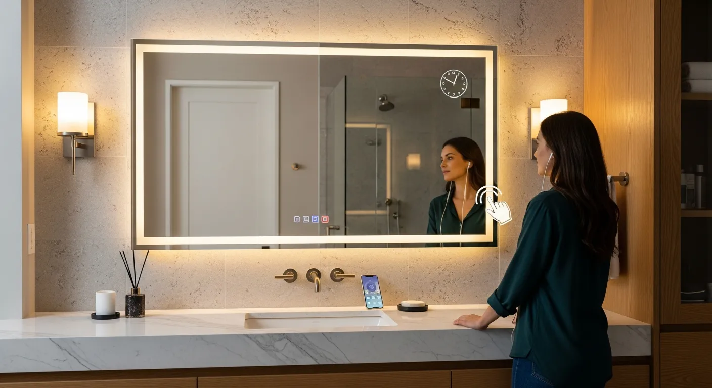 Một chiếc gương LED cảm ứng cao cấp trong khu vực lavabo sang trọng, hiển thị đồng hồ điện tử ở góc gương, một người đang nghe nhạc qua loa tích hợp, điện thoại đặt cạnh chậu rửa, ánh sáng gương thay đổi giữa tông ấm và trung tính, không gian sống hiện đại, vật liệu gỗ và đá, hình ảnh chân thực