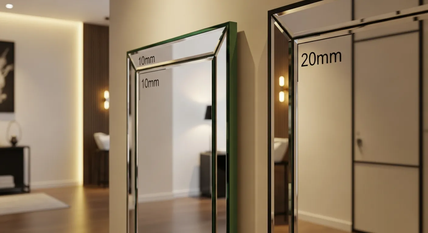 Hai tấm gương cùng kích thước 800x1200mm dựng cạnh nhau trong phòng mẫu nội thất, một tấm mài vát 10mm và một tấm mài vát 20mm, chụp góc nghiêng để thấy rõ độ rộng mép, ánh sáng vàng trung tính phản chiếu trên mặt vát