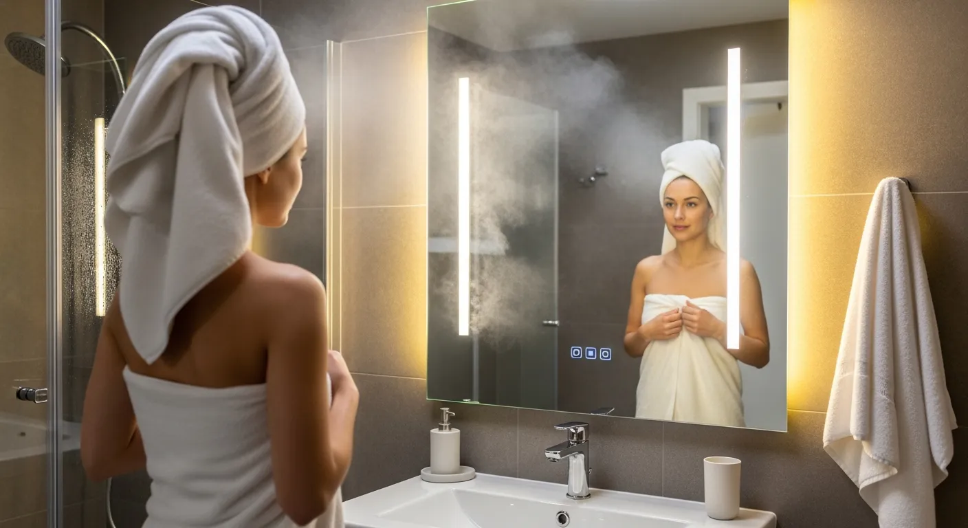 Một người phụ nữ đứng trước gương nhà tắm sau khi tắm nước nóng, xung quanh phòng có hơi nước mờ nhẹ nhưng vùng giữa gương vẫn trong suốt nhờ hệ thống sấy phía sau, lavabo trắng, khăn treo gọn, ánh đèn vàng trung tính tạo cảm giác sử dụng thực tế trong căn hộ hiện đại