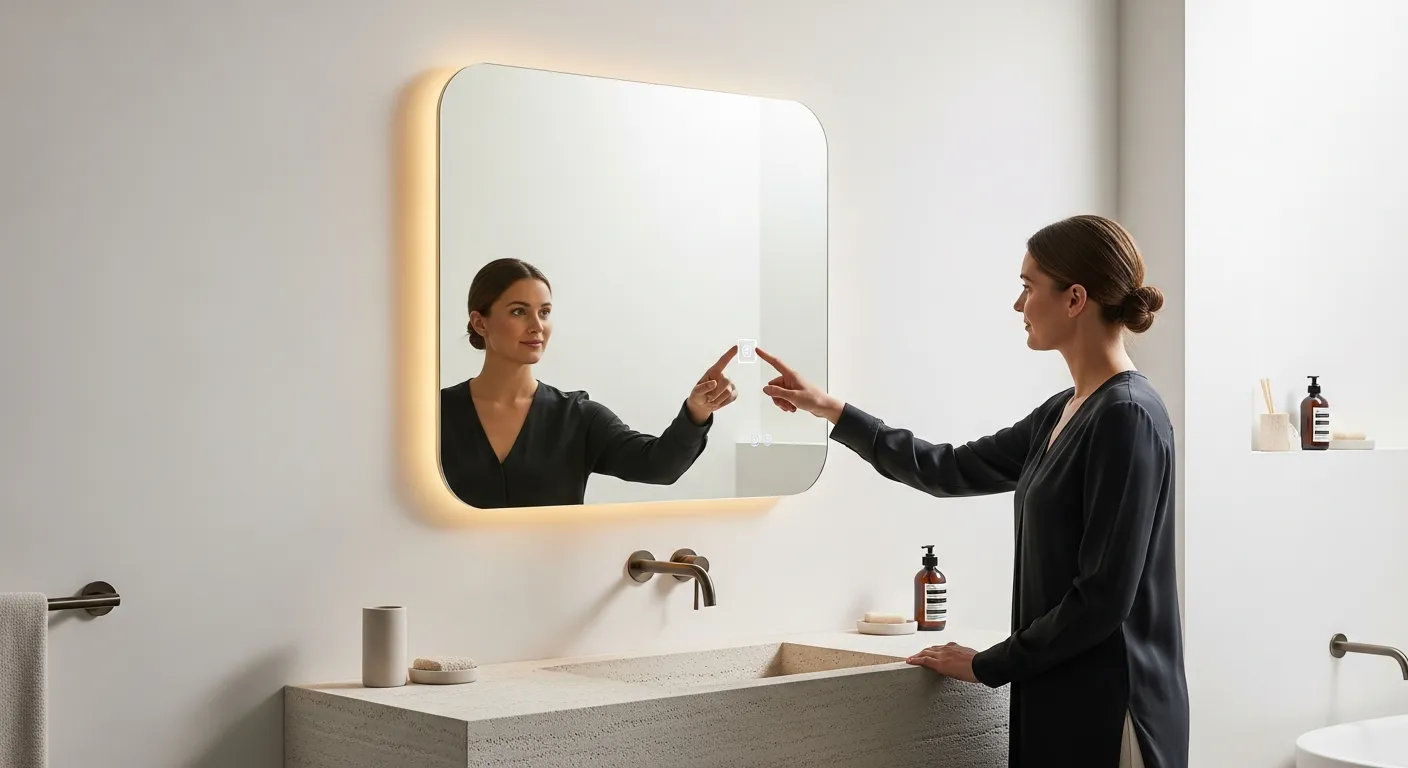 Một gương nhà tắm thông minh hình chữ nhật bo góc trong phòng tắm hiện đại, viền sáng LED dịu, người dùng chạm tay vào biểu tượng cảm ứng trên mặt gương, lavabo đá sáng màu, phụ kiện tối giản, không gian sạch sẽ thể hiện rõ tính năng thông minh trong bối cảnh thực tế