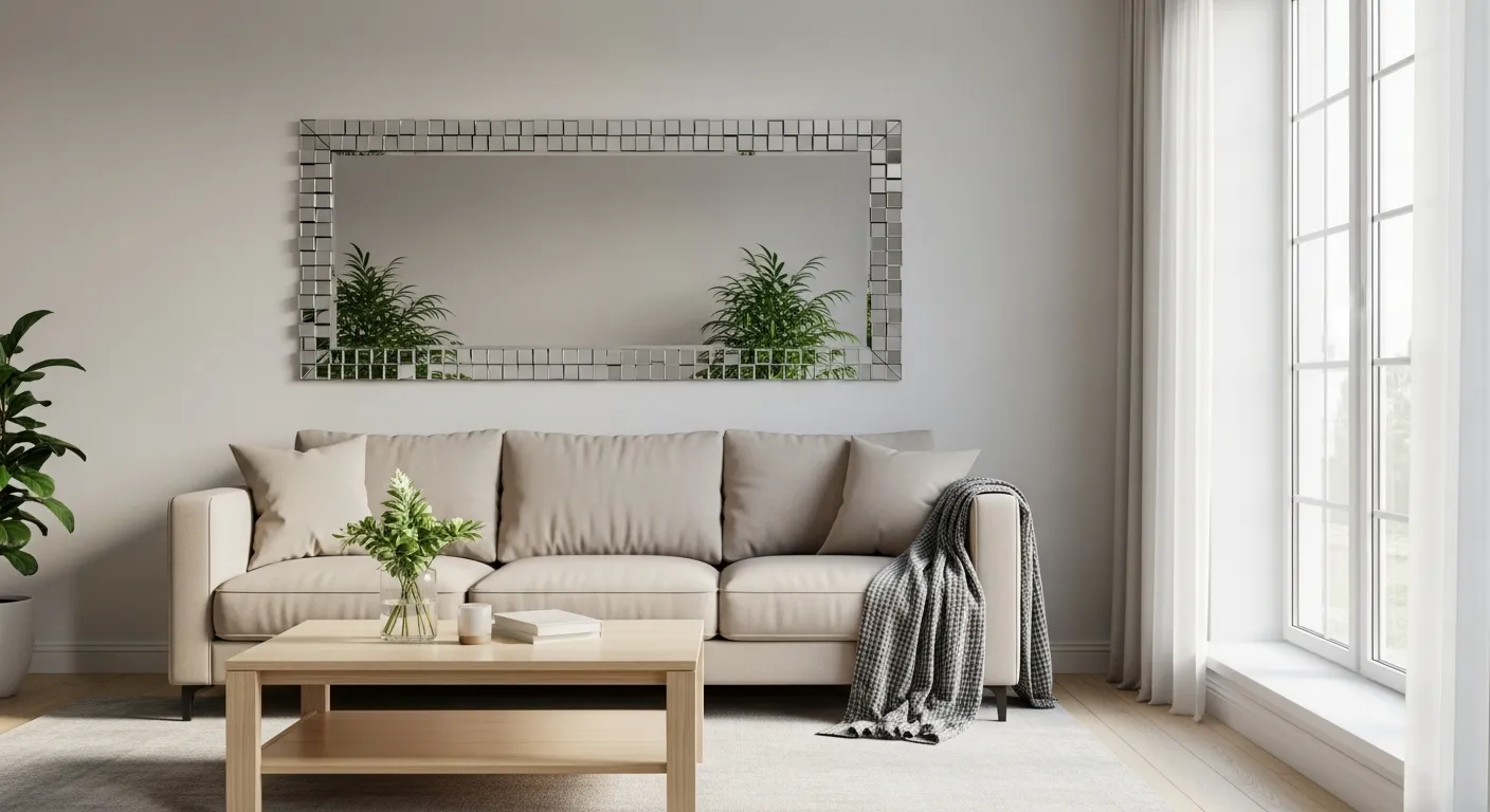 Hướng Dẫn Chọn Và Bố Trí Gương Phòng Khách 1 Phòng khách hiện đại phong cách tối giản với sofa màu be, bàn trà gỗ sáng, một gương trang trí cỡ lớn treo trên tường phía sau sofa, ánh nắng tự nhiên đi vào từ cửa sổ lớn bên hông, bề mặt gương phản chiếu rèm mỏng và cây xanh trong nhà, không gian gọn gàng, tông màu trung tính, cảm giác rộng và sáng, góc chụp ngang tầm mắt, chi tiết vật liệu nội thất rõ nét