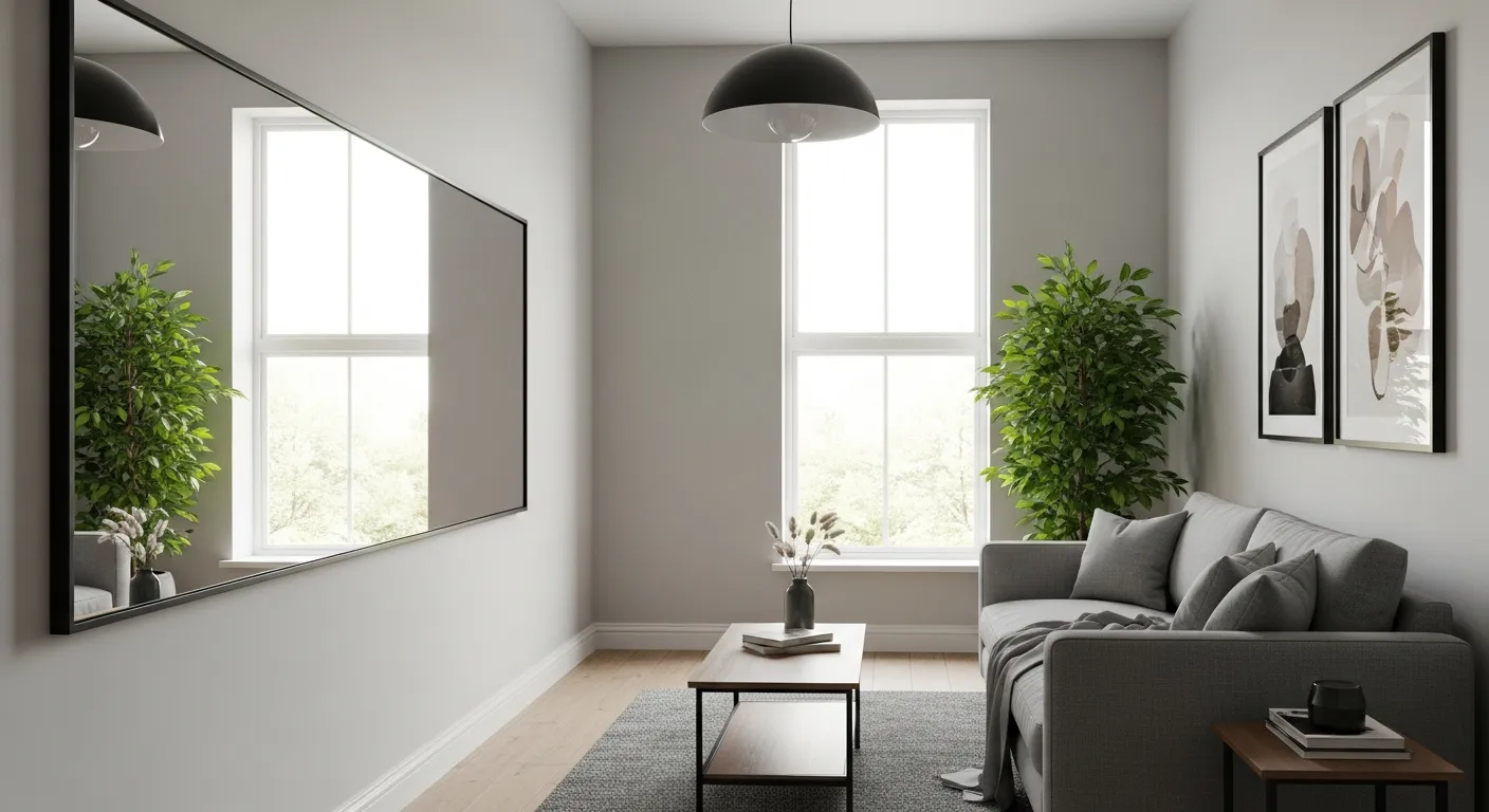 Hướng Dẫn Chọn Và Bố Trí Gương Phòng Khách 3 Phòng khách nhà phố hẹp với một gương lớn hình chữ nhật treo đối diện cửa sổ cao, ánh sáng tự nhiên phản chiếu qua gương làm căn phòng sáng hơn, sofa xám đặt sát tường, cây xanh ở góc phòng, bàn trà nhỏ, trần cao vừa phải, cảm giác như có thêm một cửa sổ thứ hai, góc nhìn rộng cho thấy hiệu ứng mở rộng không gian rõ rệt