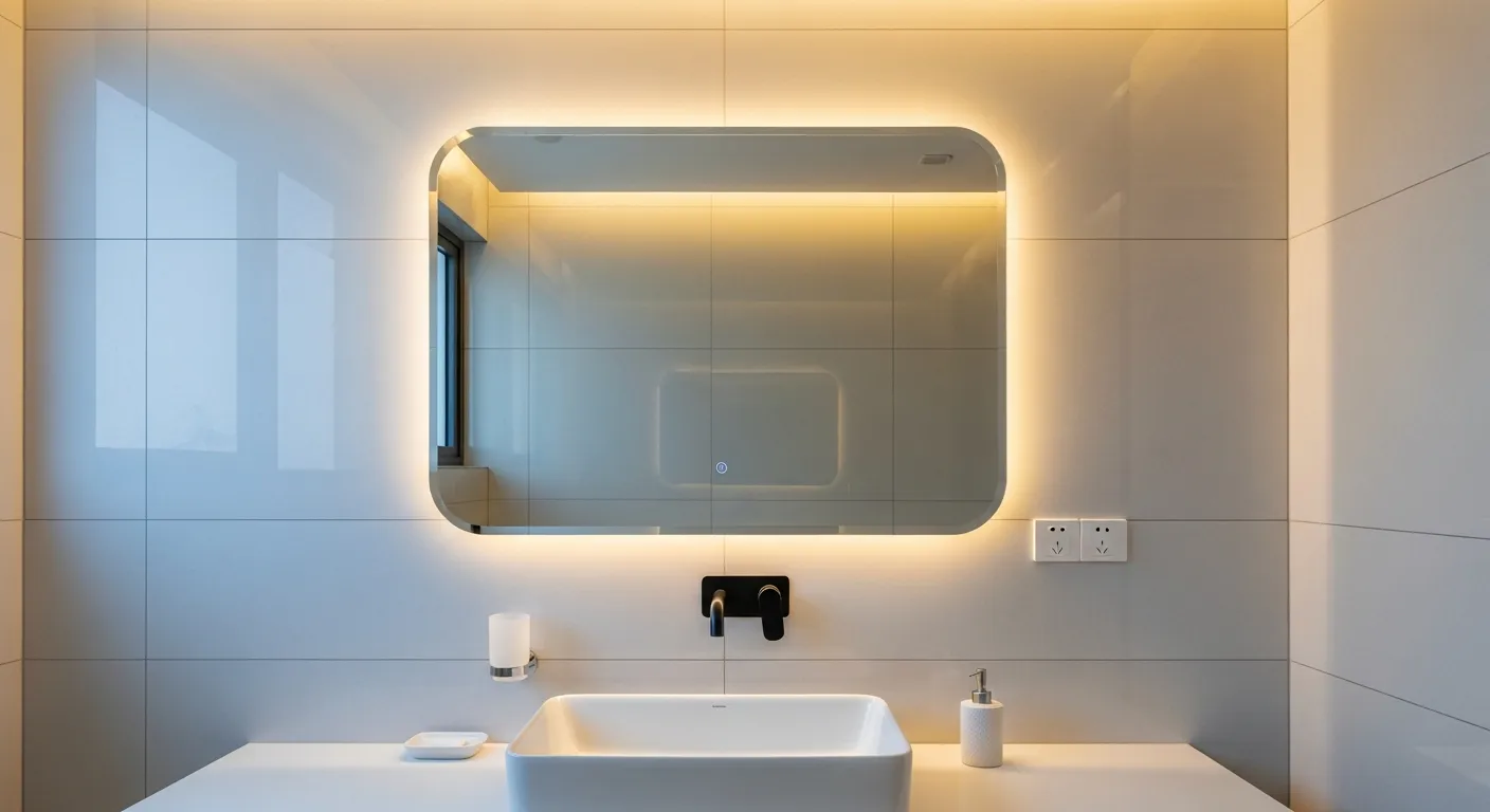 Phòng tắm căn hộ hiện đại tại Việt Nam, gương treo tường hình chữ nhật phía trên lavabo, cạnh gương được bo góc nhẹ, tường ốp gạch sáng màu, vòi lavabo màu đen nhám, ánh sáng dịu, bề mặt gương sạch rõ phản chiếu, không có chữ trên ảnh