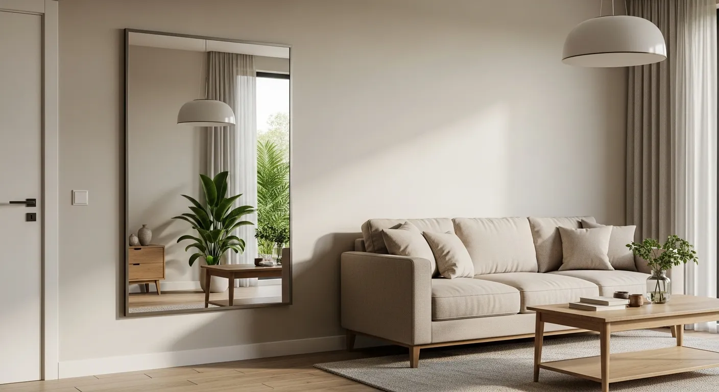 Hướng Dẫn Bố Trí Gương Phong Thủy: Nguyên Tắc Năng Lượng Và Giải Pháp Không Gian 2 Căn hộ hiện đại tông trung tính với một chiếc gương treo tường lớn đặt lệch bên hông phòng khách, phản chiếu cây xanh ngoài cửa sổ và ánh sáng tự nhiên dịu, sofa vải be, bàn trà gỗ, không gian gọn gàng, cảm giác cân bằng và thông thoáng, góc chụp thực tế nội thất ban ngày