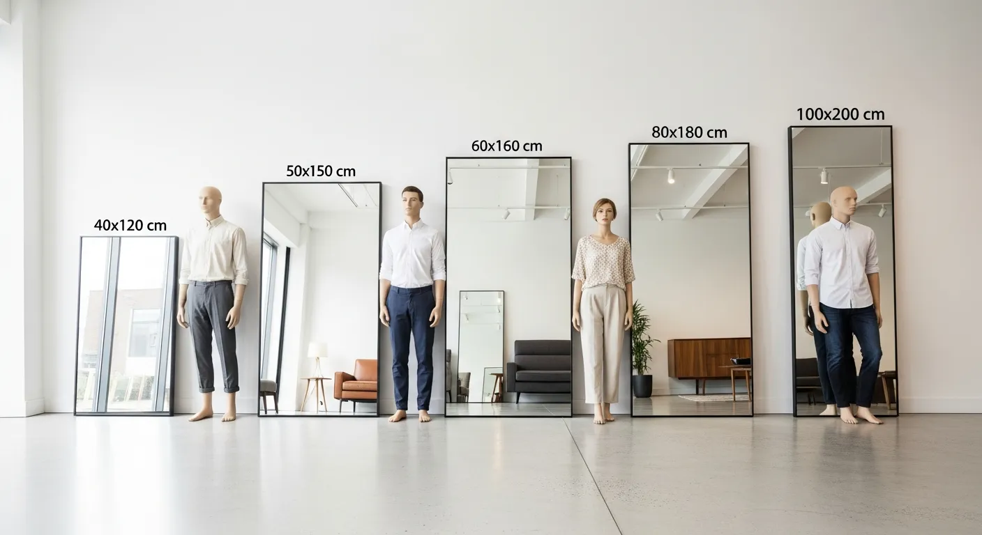 Nhiều mẫu gương toàn thân với kích thước khác nhau đặt trong một showroom nội thất sáng sủa, gồm gương 40x120cm, 50x150cm, 60x160cm, 80x180cm và 100x200cm, mỗi gương đặt cạnh mô hình người có chiều cao khác nhau để so sánh trực quan, khung gương đen mảnh, nền sàn bê tông mài và tường trắng