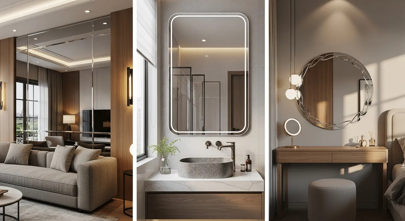 Ảnh dự án thực tế gồm ba bối cảnh trong một khung mảng gương vát cạnh sau sofa phòng khách, gương phòng tắm vát 15mm trên lavabo, và gương bàn trang điểm tròn vát lá hẹ trong phòng ngủ, ánh sáng nội thất thật và vật liệu xung quanh rõ chi tiết
