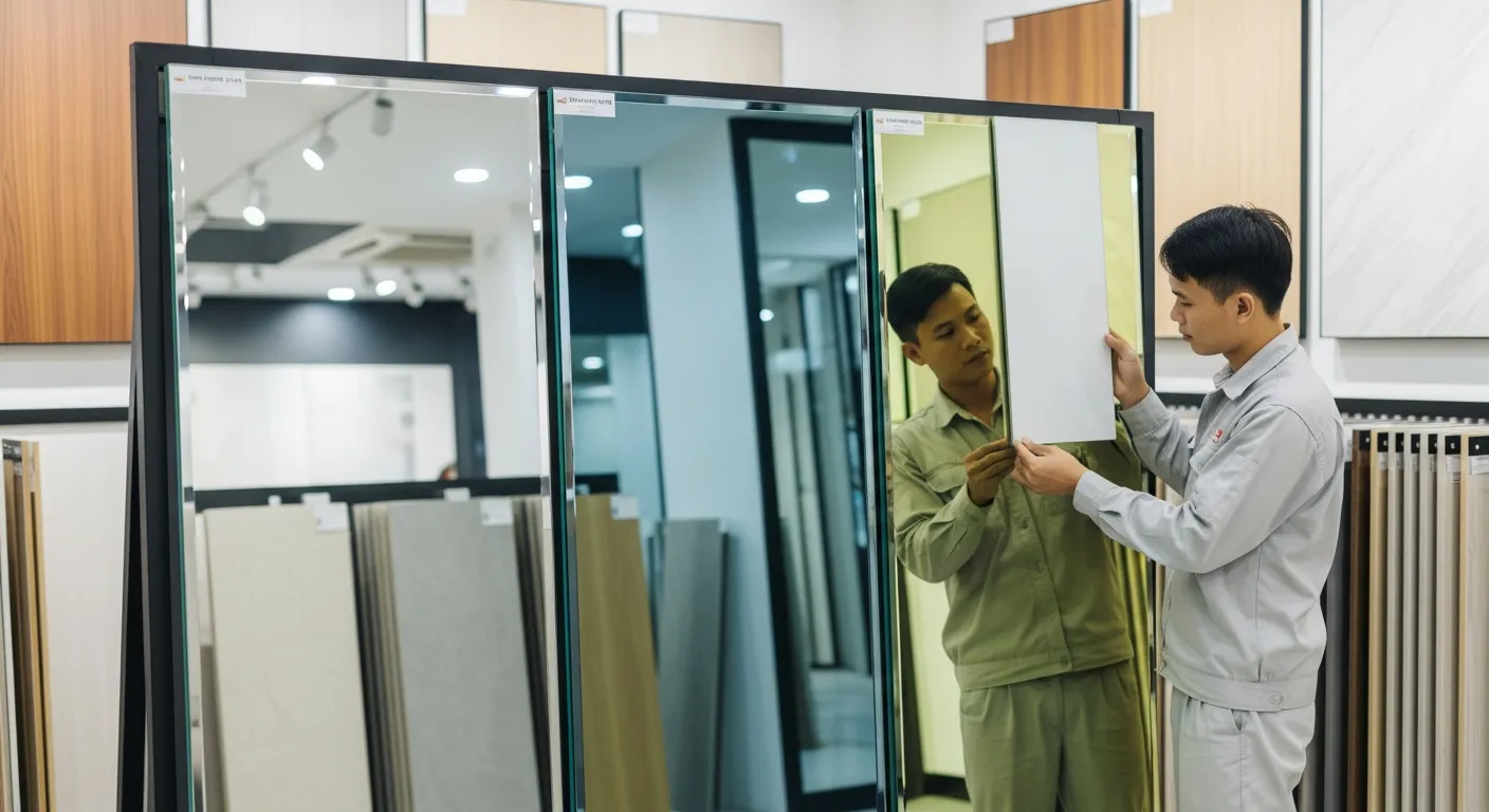 Ba tấm Gương Việt Nhật đặt cạnh nhau trong showroom vật liệu, mỗi tấm có màu phản chiếu khác nhau từ trung thực đến hơi ám xanh vàng, một người thợ đang quan sát mép gương và mặt sơn phía sau, phía sau là bảng mẫu vật liệu nội thất và ánh sáng trắng giúp thấy rõ khác biệt giữa các loại gương