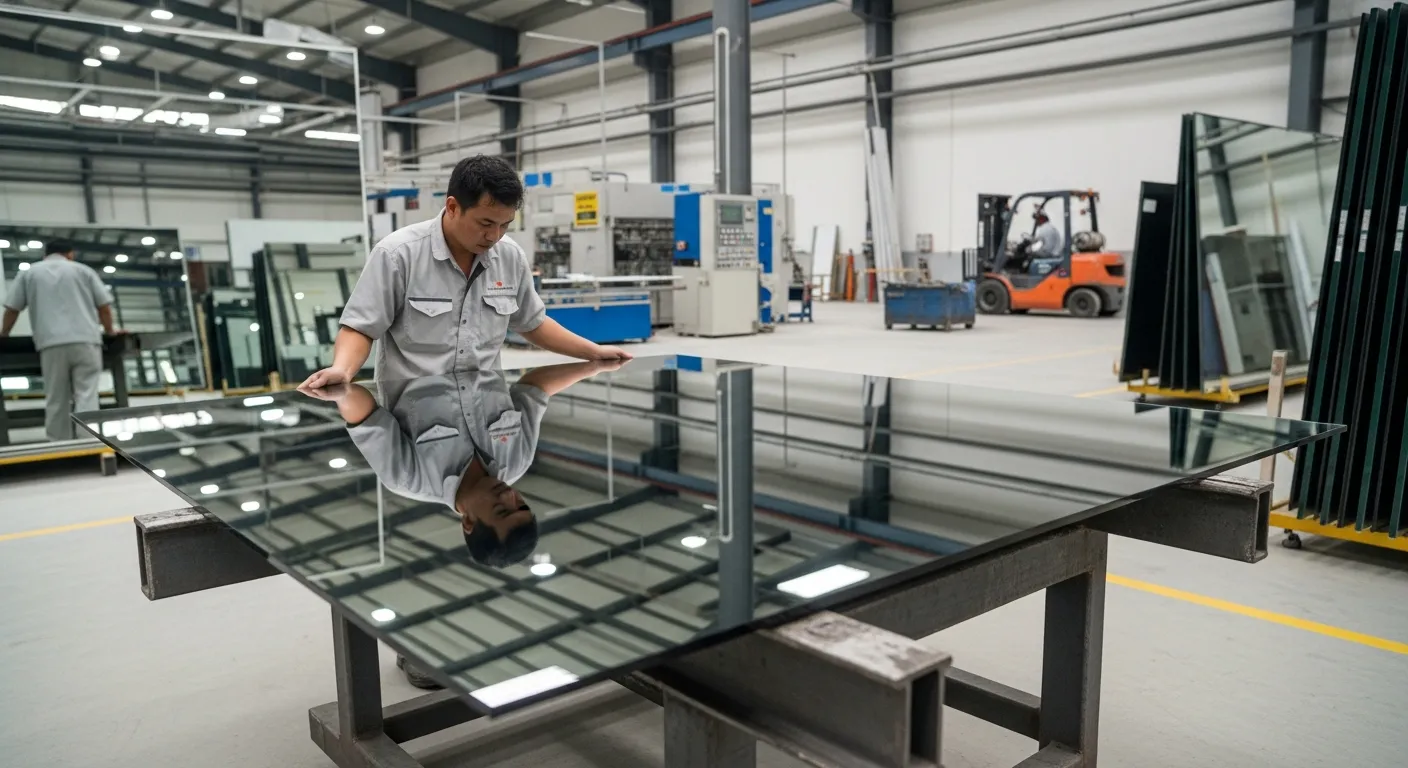 Cảnh cận thực tế trong xưởng gia công Gương Việt Nhật tại Việt Nam, một công nhân đang kiểm tra tấm phôi kính siêu phẳng khổ lớn đặt trên giá đỡ kim loại, bề mặt kính phản chiếu rõ ánh đèn trần, cạnh kính đã được mài nhẹ, phía sau là khu vực tráng gương công nghiệp sạch sẽ với máy móc, xe nâng và các tấm kính dựng đứng, phong cách ảnh tài liệu công trình chân thực, ánh sáng trắng trung tính