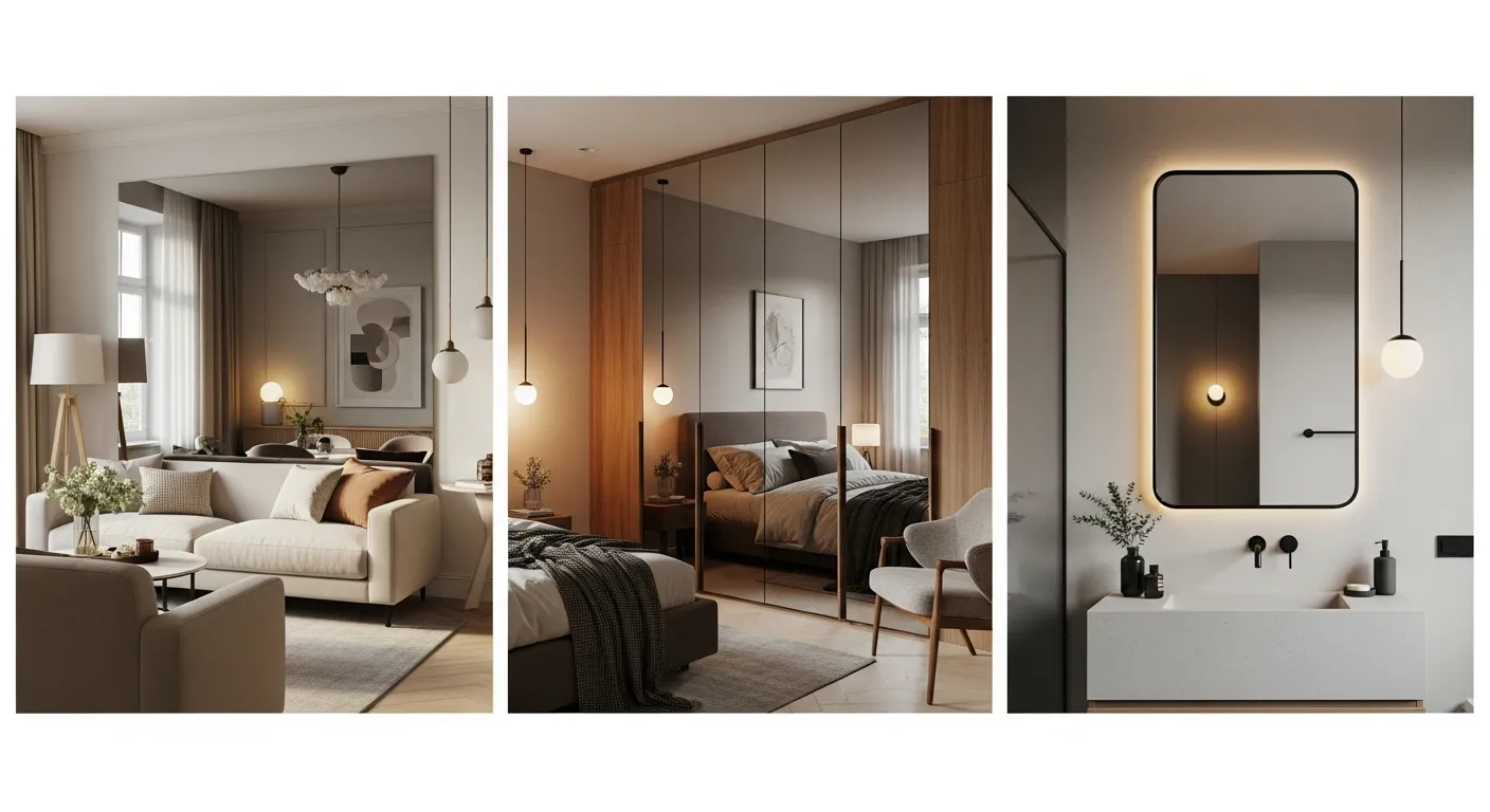Ba không gian nội thất thực tế gồm gương phòng khách sau sofa, gương phòng ngủ trên cánh tủ và gương phòng tắm viền đen màu khói, ánh sáng ấm, bố cục rõ ràng, thể hiện các ứng dụng khác nhau của gương xám khói trong nhà ở