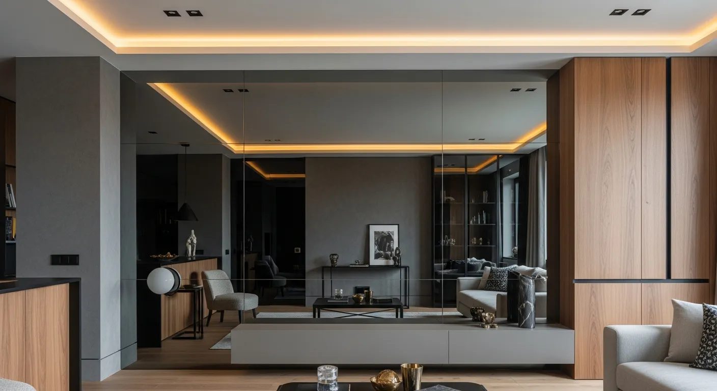 Không gian căn hộ phong cách nội thất hiện đại với tường ốp gương trang trí xám khói, đèn hắt trần ánh vàng 3000K, nội thất gỗ óc chó và kim loại đen, bề mặt phản chiếu dịu, tổng thể cân bằng và sang trọng