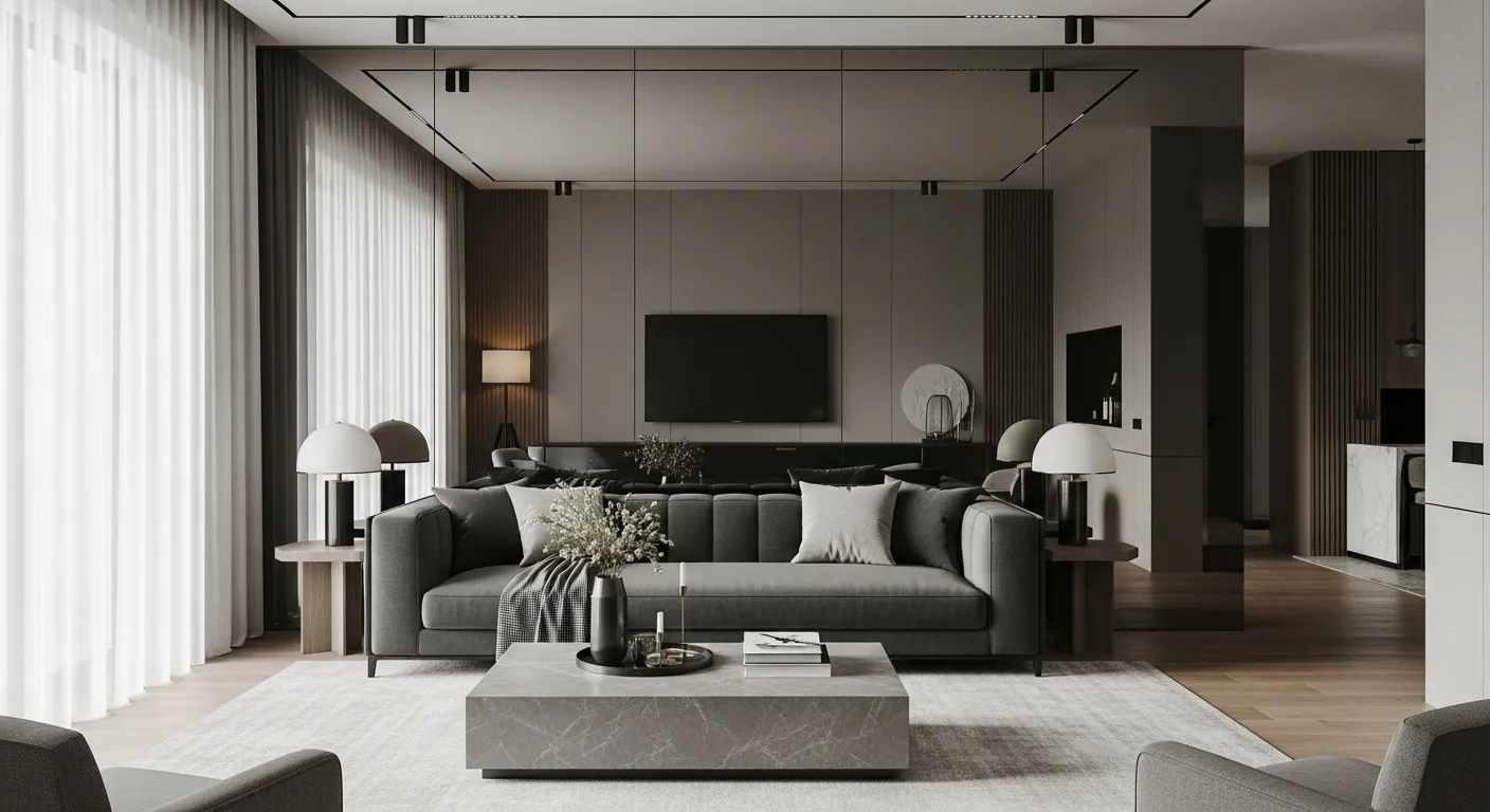 Phòng khách hiện đại với mảng tường ốp gương xám khói khổ lớn phía sau sofa màu than, ánh sáng tự nhiên đi qua rèm trắng mỏng, sàn gỗ tông ấm, bàn trà đá xám, phản chiếu mềm và dịu, không gian sang trọng, tĩnh và có chiều sâu rõ rệt