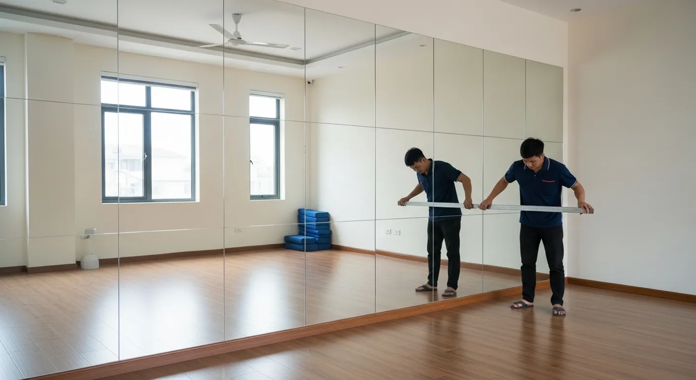 Phòng tập yoga nhỏ với một mảng tường ốp nhiều tấm gương ghép khổ lớn, sàn gỗ, ánh sáng tự nhiên, một người đang kiểm tra độ phẳng của gương bằng thước dài, không có chữ trên ảnh, cảm giác công trình thực tế tại Việt Nam