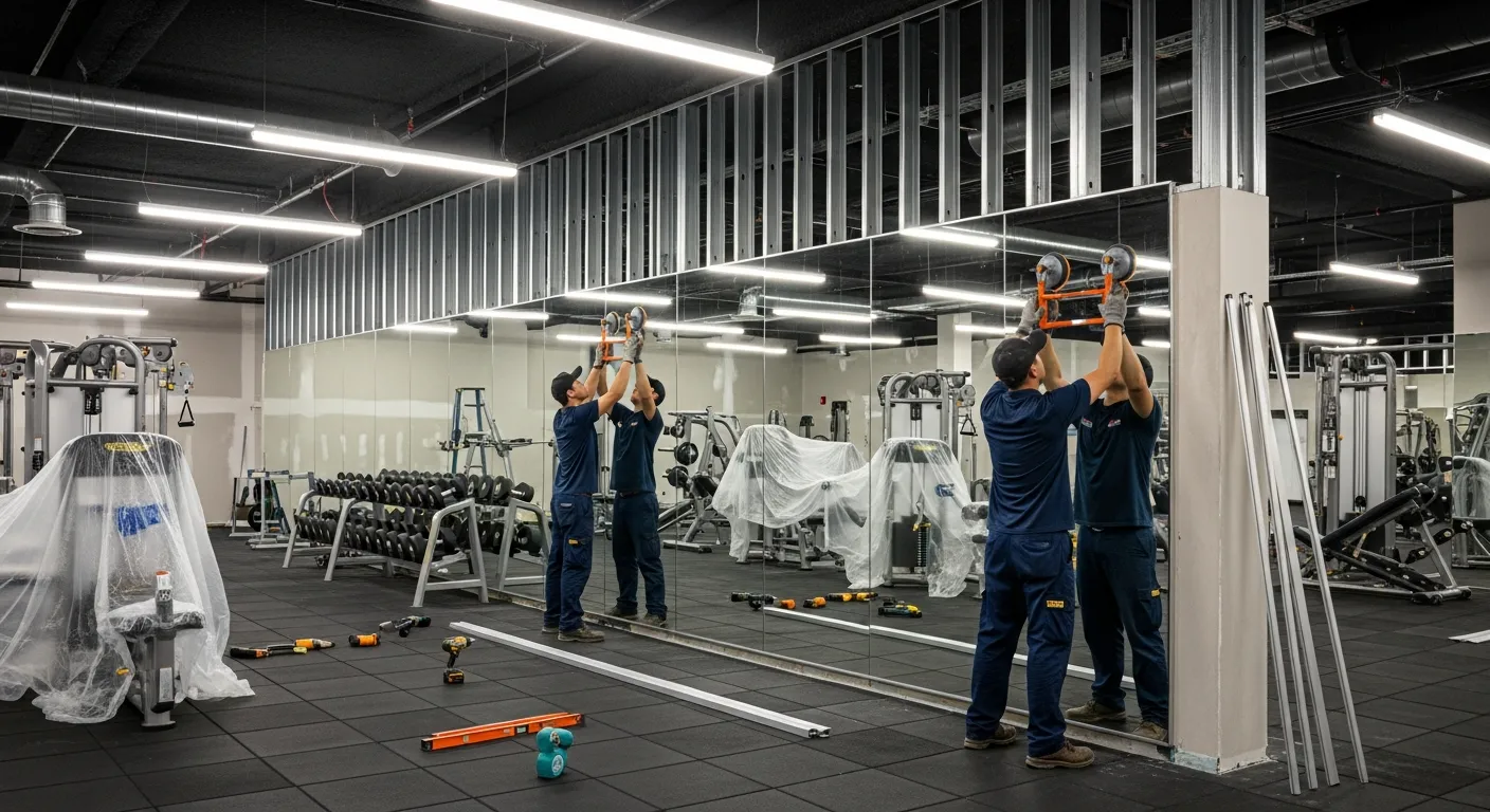 Không gian phòng tập gym đang thi công, một bức tường gương khổ lớn gần hoàn thiện, kỹ thuật viên mặc đồng phục đang căn chỉnh tấm gương dày bằng giác hút và nẹp nhôm, phía trước là sàn cao su đen, máy tập tạ và ánh sáng trần mạnh; cảnh thực tế nhấn vào quy trình lắp đặt an toàn cho khu vực đông người